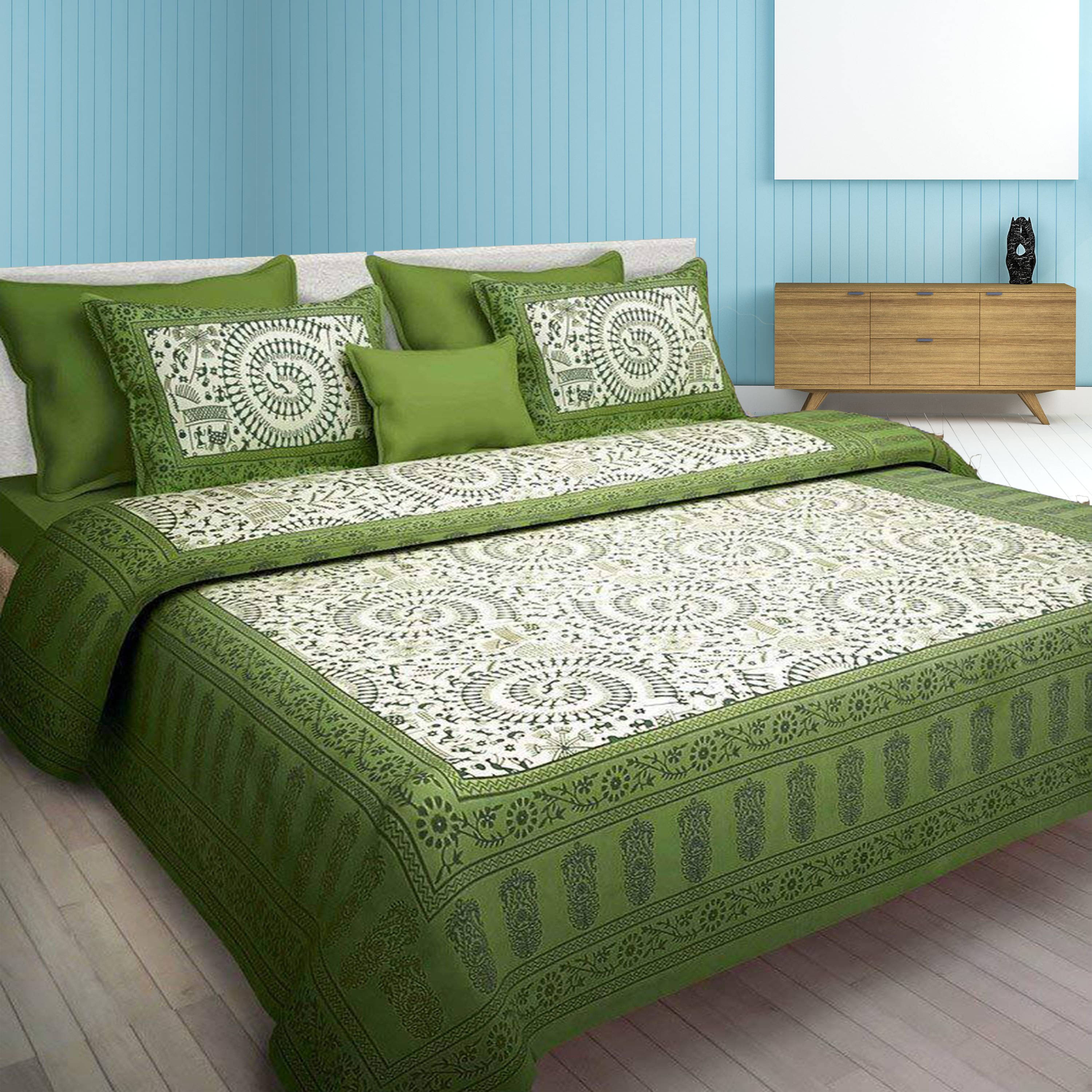     			Navkaar Creation Cotton 1 Double Bedsheet with 2 Pillow Covers ( Green )