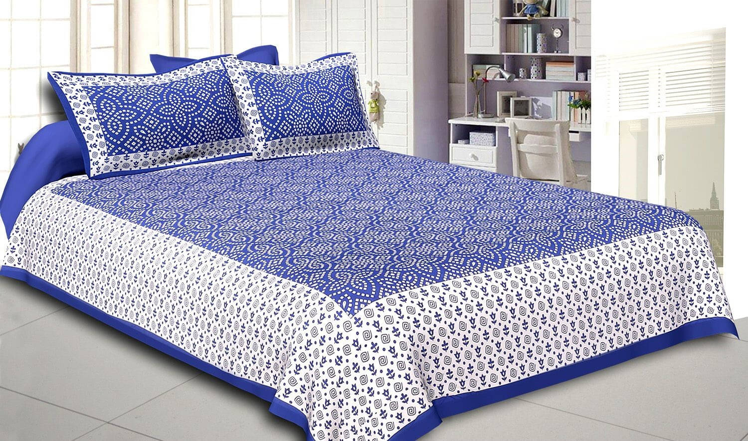     			Navkaar Creation Cotton 1 Double Bedsheet with 2 Pillow Covers ( Blue )