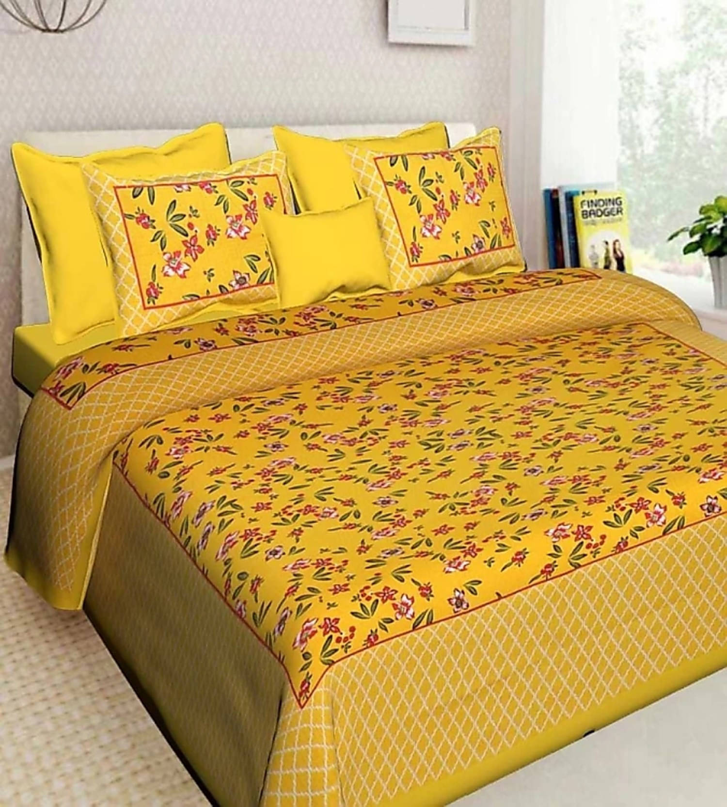     			Navkaar Creation Cotton 1 Double Bedsheet with 2 Pillow Covers ( Yellow )