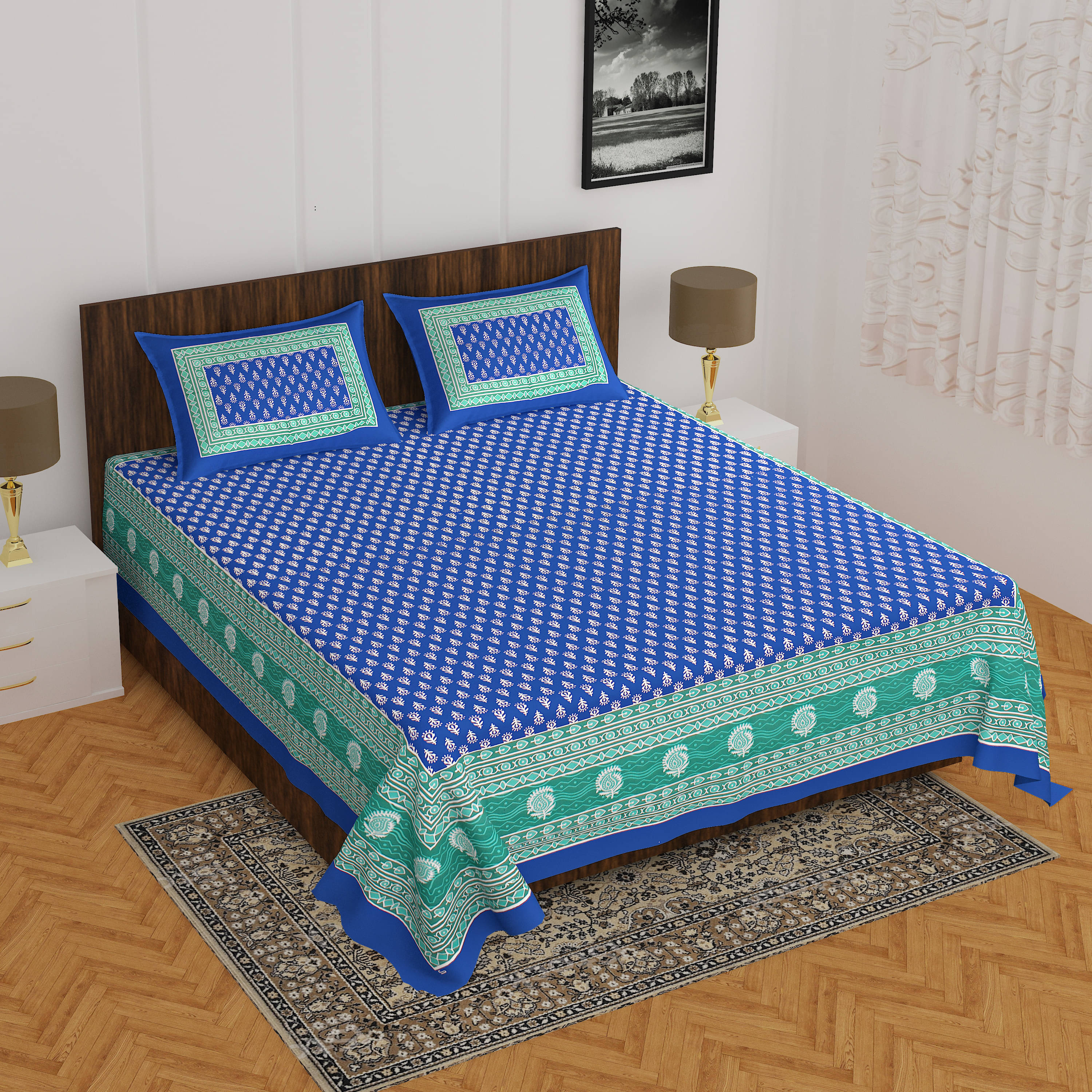     			Navkaar Creation Cotton 1 Double Bedsheet with 2 Pillow Covers ( Blue )