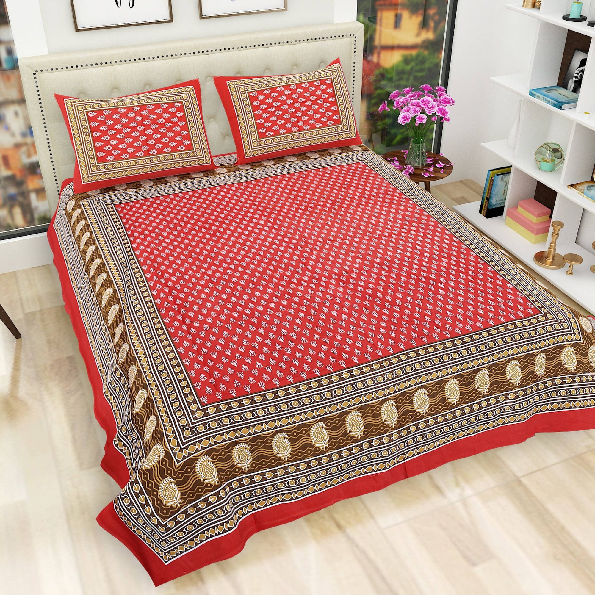     			Navkaar Creation Cotton 1 Double Bedsheet with 2 Pillow Covers ( Red )