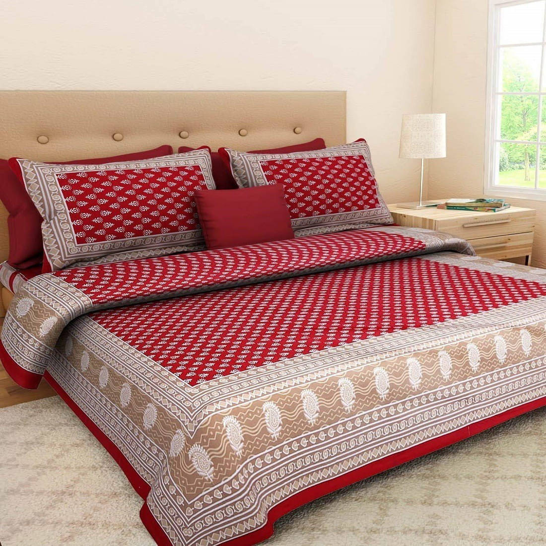     			Navkaar Creation Cotton 1 Double Bedsheet with 2 Pillow Covers ( Red )