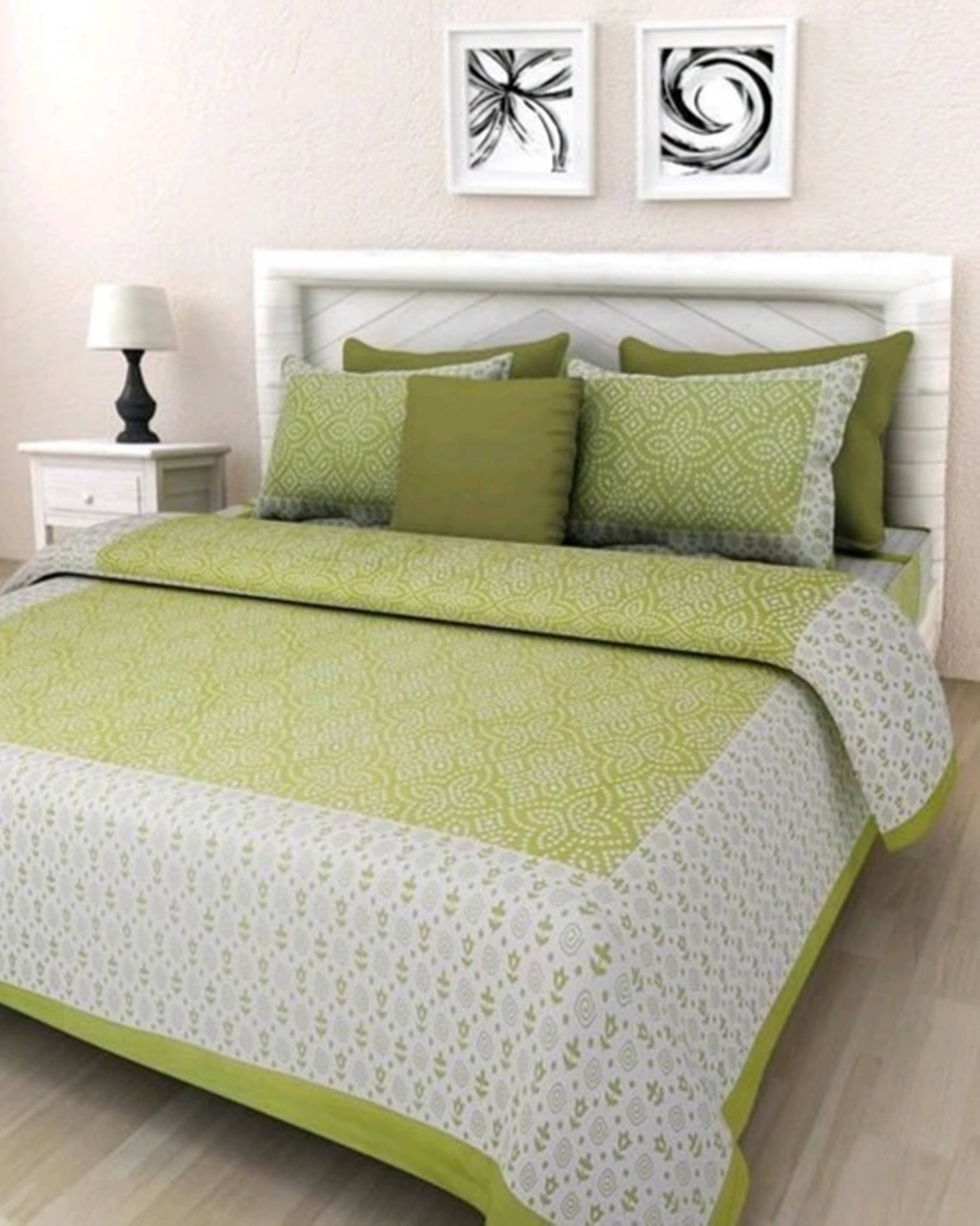 Navkaar Creation Cotton 1 Double Bedsheet with 2 Pillow Covers ( Green )     			Navkaar Creation Cotton 1 Double Bedsheet with 2 Pillow Covers ( Green )