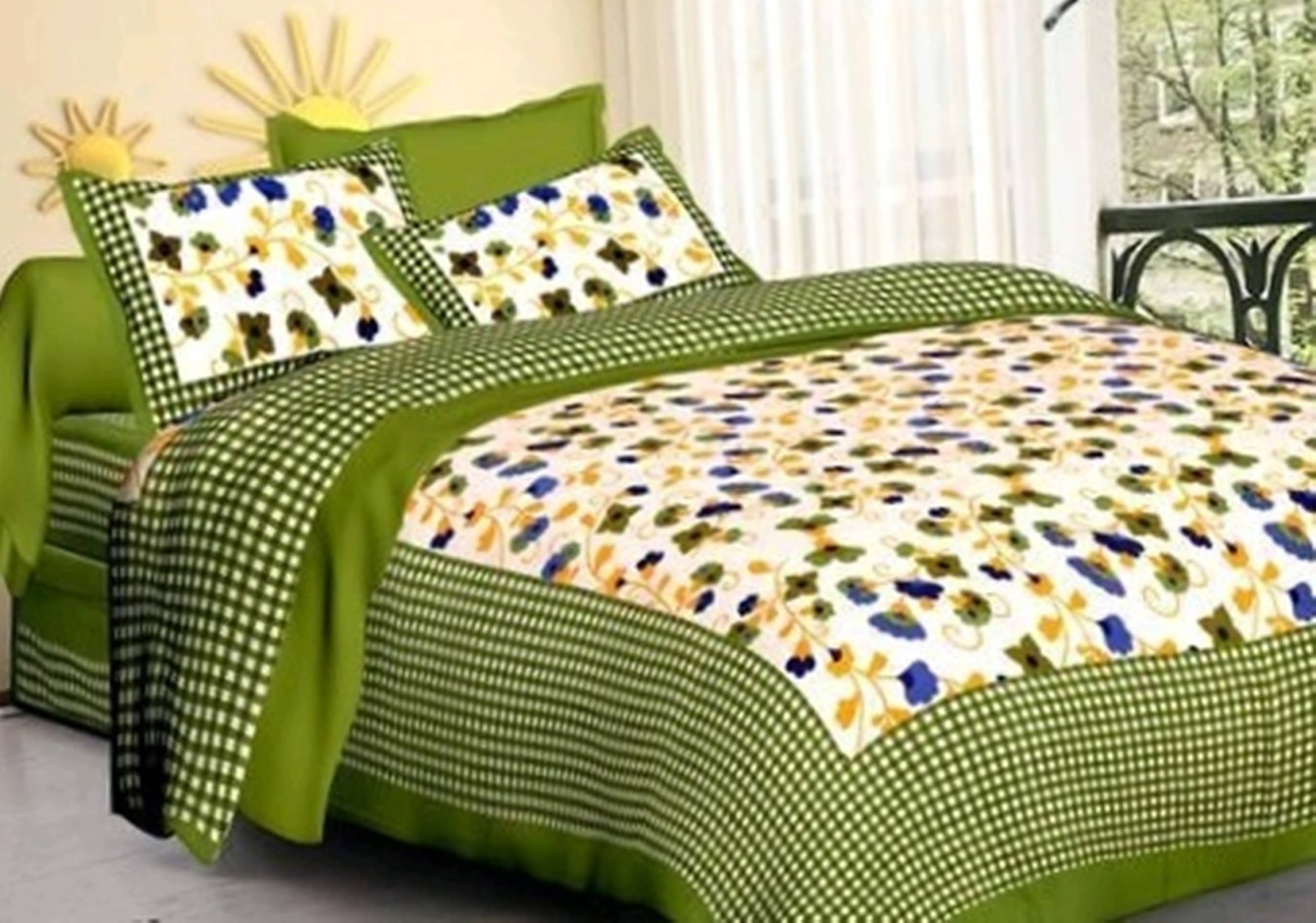     			Navkaar Creation Cotton 1 Double Bedsheet with 2 Pillow Covers ( Green )