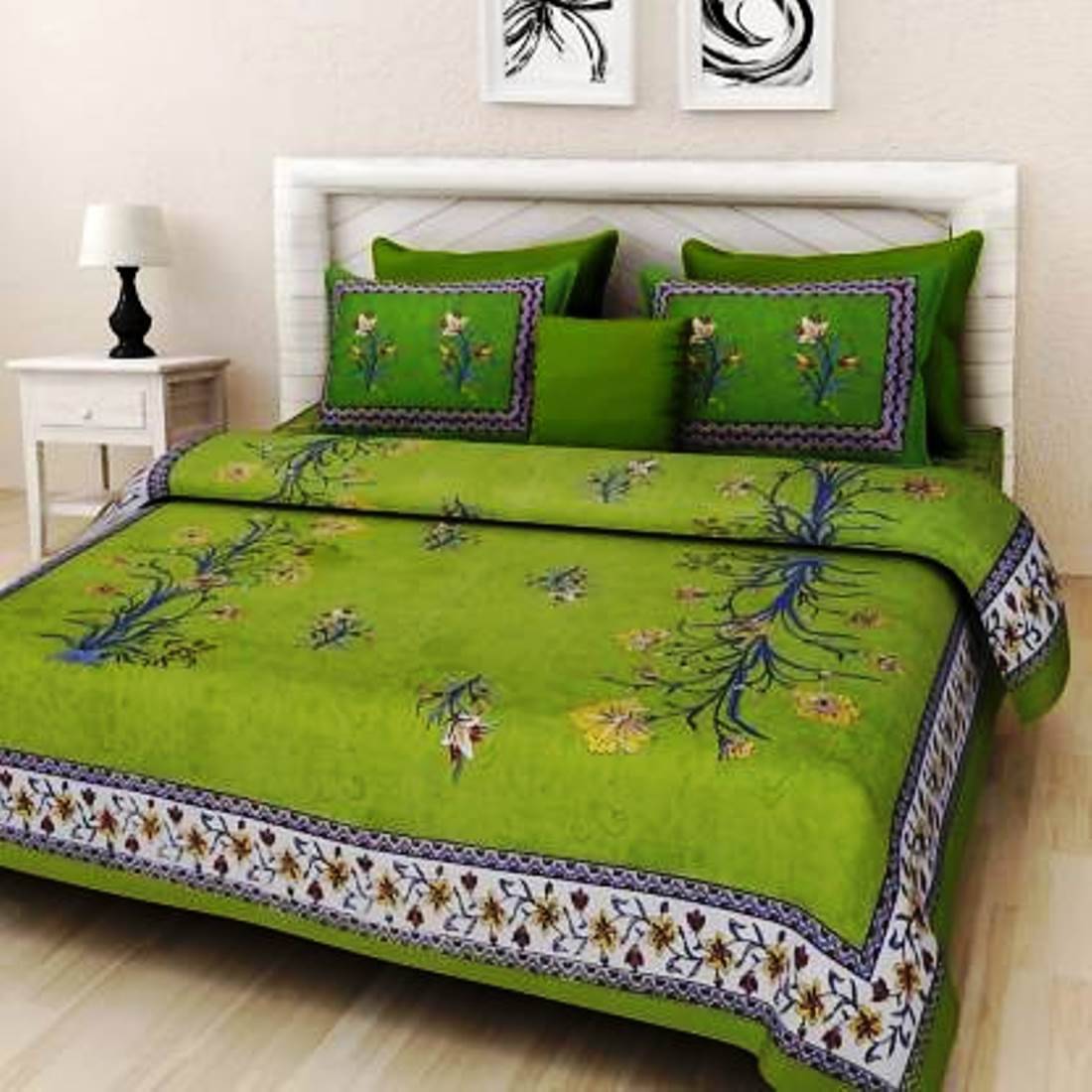     			Navkaar Creation Cotton 1 Double Bedsheet with 2 Pillow Covers ( Green )