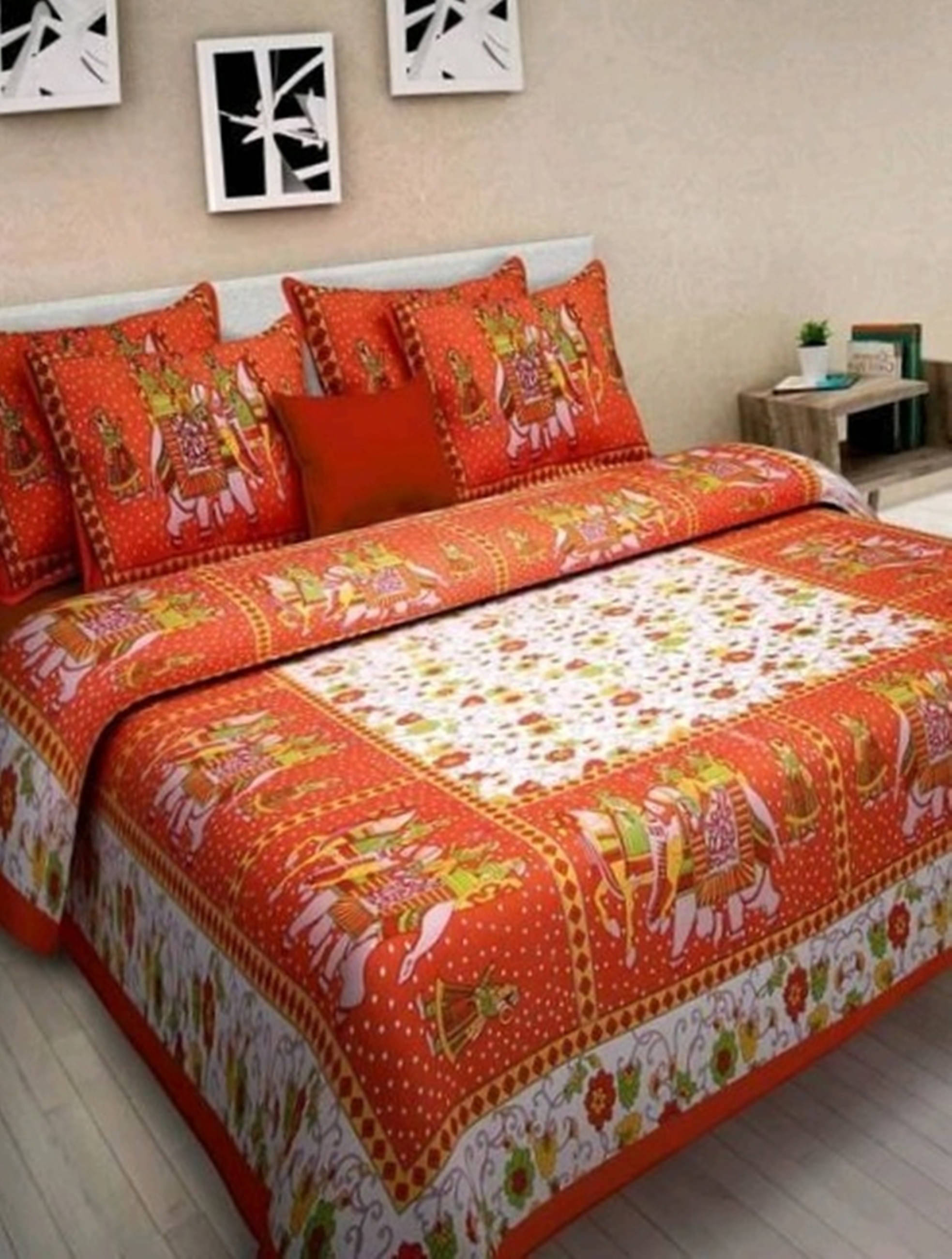     			Navkaar Creation Cotton 1 Double Bedsheet with 2 Pillow Covers ( Orange )