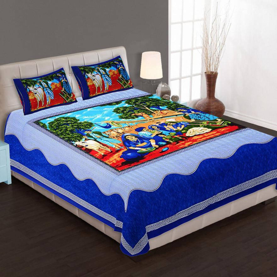    			Navkaar Creation Cotton 1 Double Bedsheet with 2 Pillow Covers ( Blue )