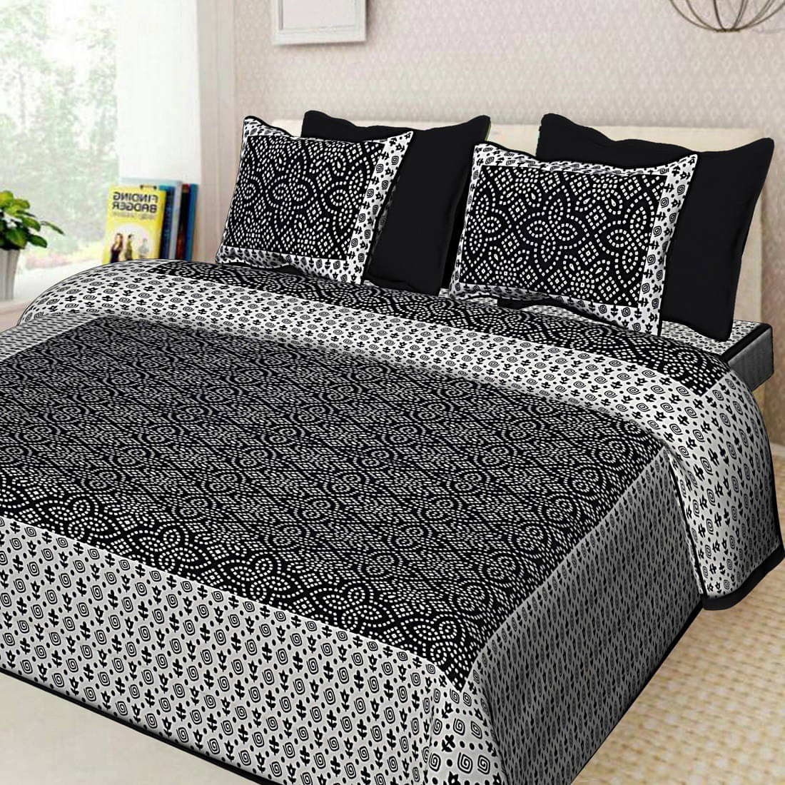     			Navkaar Creation Cotton 1 Double Bedsheet with 2 Pillow Covers ( Black )