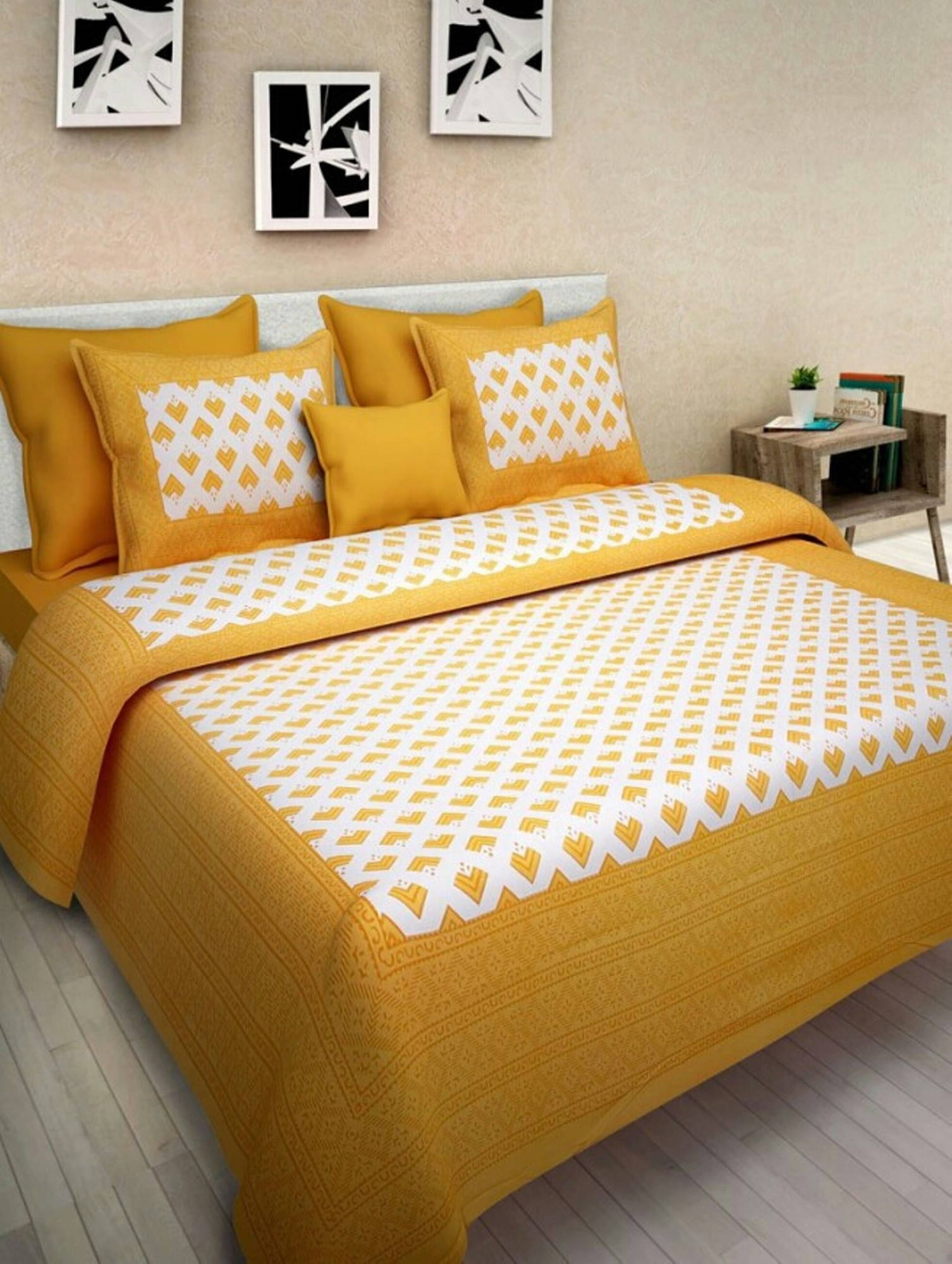 Navkaar Creation Cotton 1 Double Bedsheet with 2 Pillow Covers ( Yellow )     			Navkaar Creation Cotton 1 Double Bedsheet with 2 Pillow Covers ( Yellow )