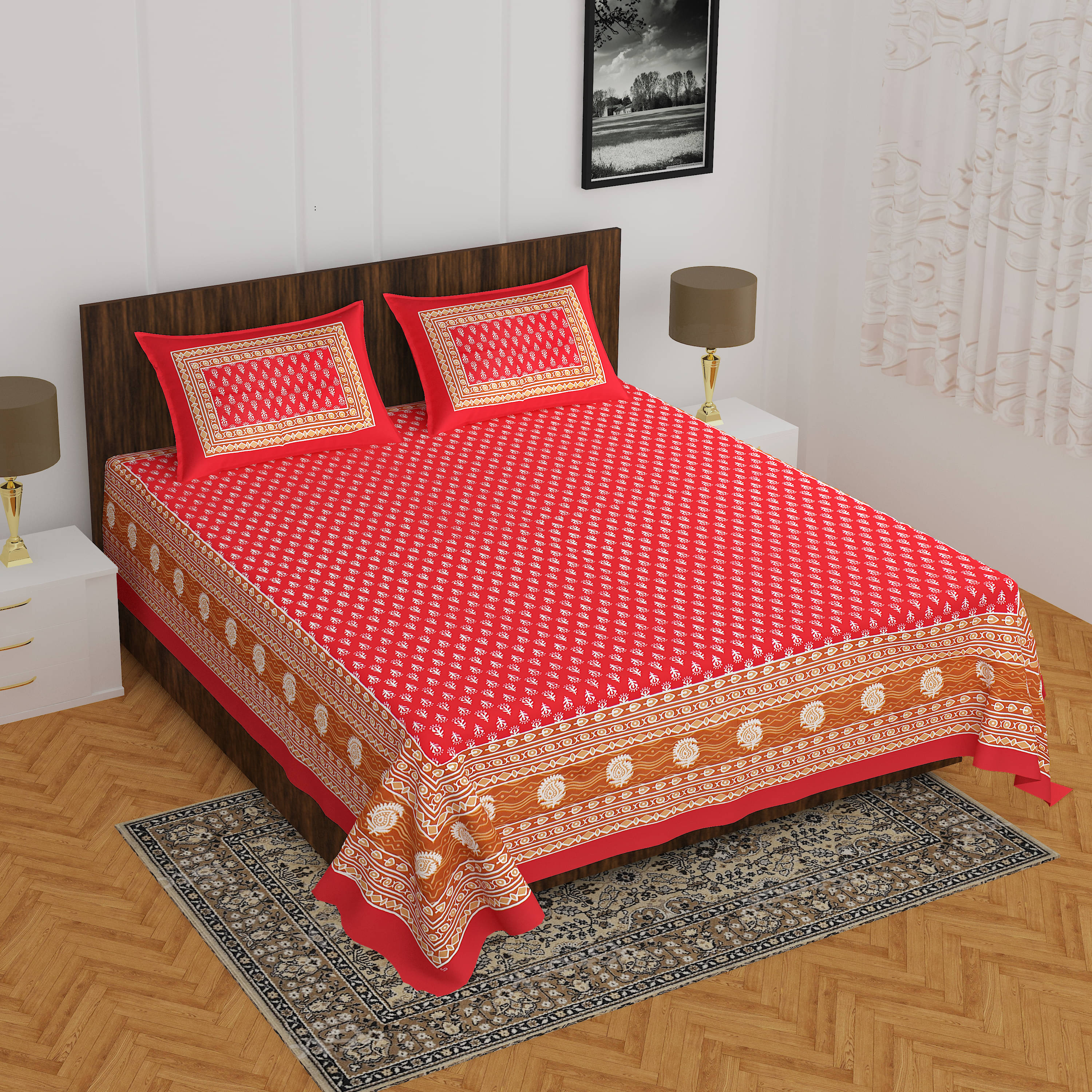     			Navkaar Creation Cotton 1 Double Bedsheet with 2 Pillow Covers ( Red )