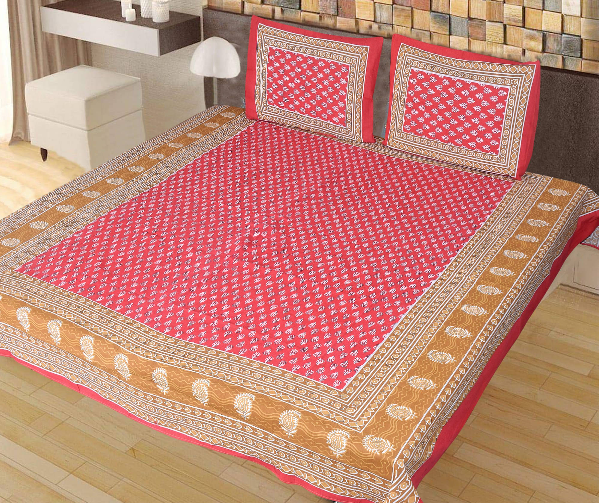     			Navkaar Creation Cotton 1 Double Bedsheet with 2 Pillow Covers ( Orange )