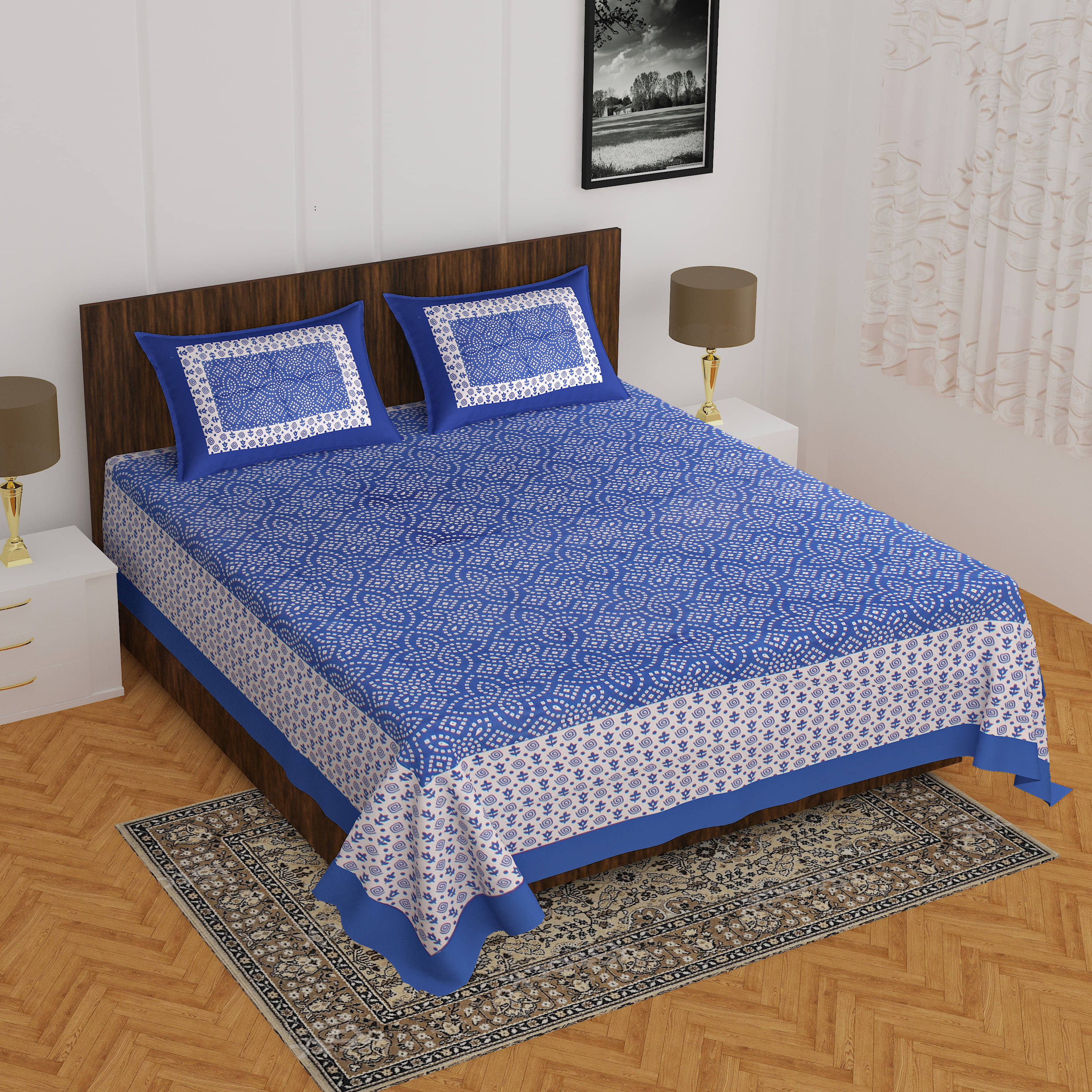     			Navkaar Creation Cotton 1 Double Bedsheet with 2 Pillow Covers ( Blue )