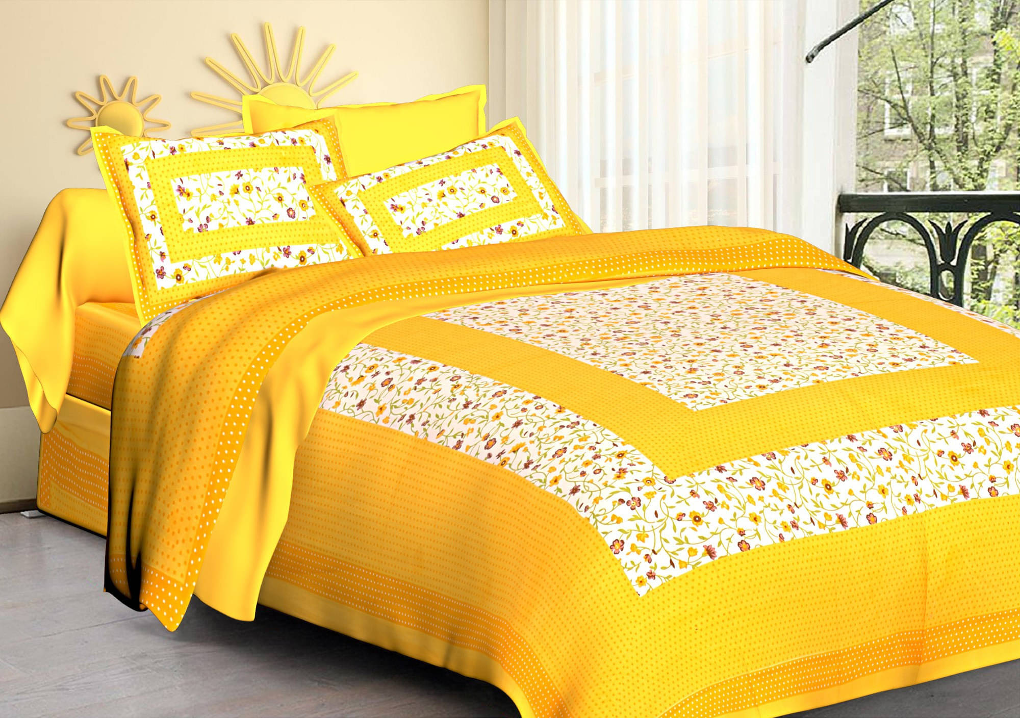 Navkaar Creation Cotton 1 Double Bedsheet with 2 Pillow Covers ( Yellow )     			Navkaar Creation Cotton 1 Double Bedsheet with 2 Pillow Covers ( Yellow )