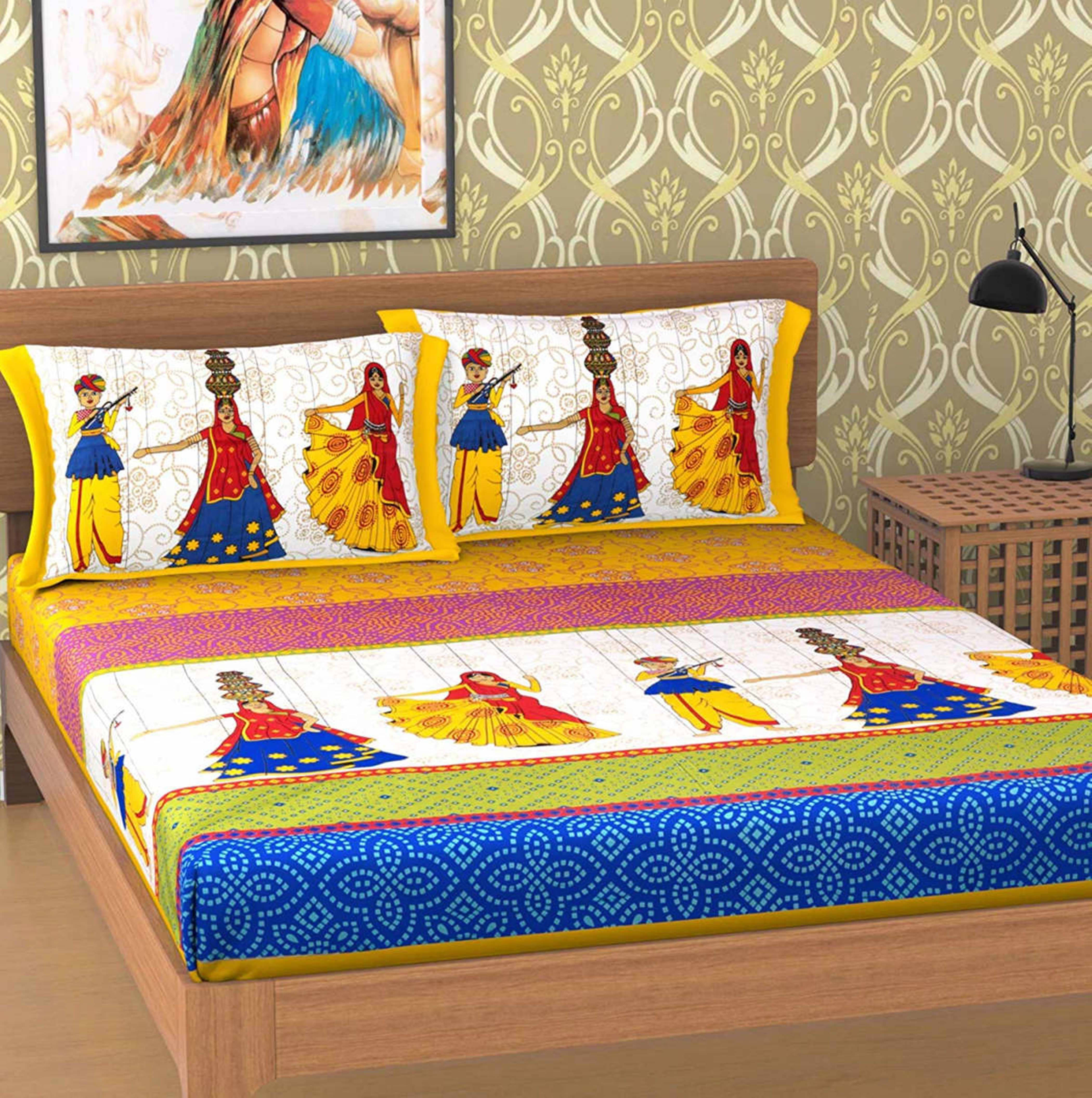     			Navkaar Creation Cotton 1 Double Bedsheet with 2 Pillow Covers ( Yellow )