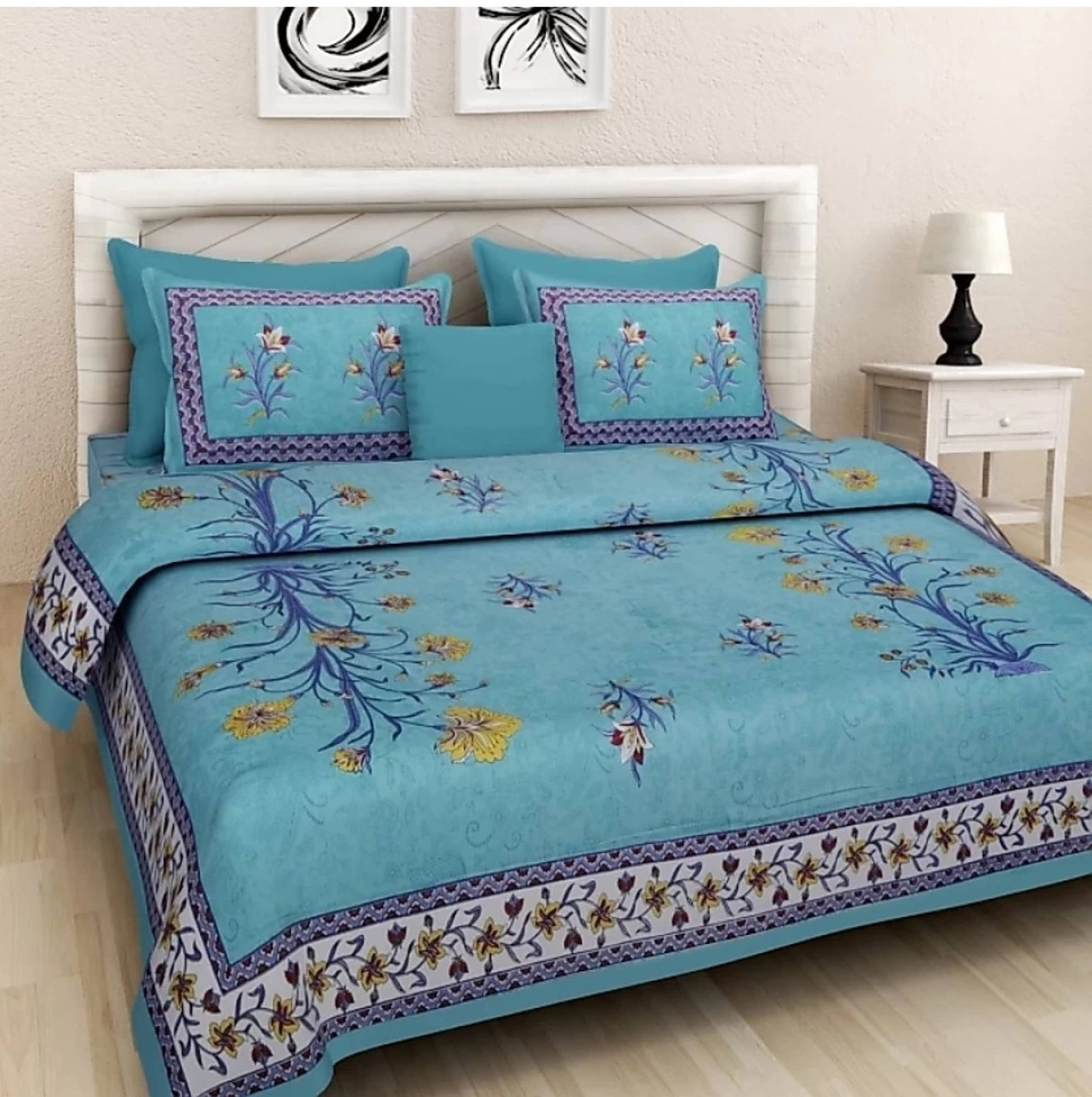     			Navkaar Creation Cotton 1 Double Bedsheet with 2 Pillow Covers ( Blue )