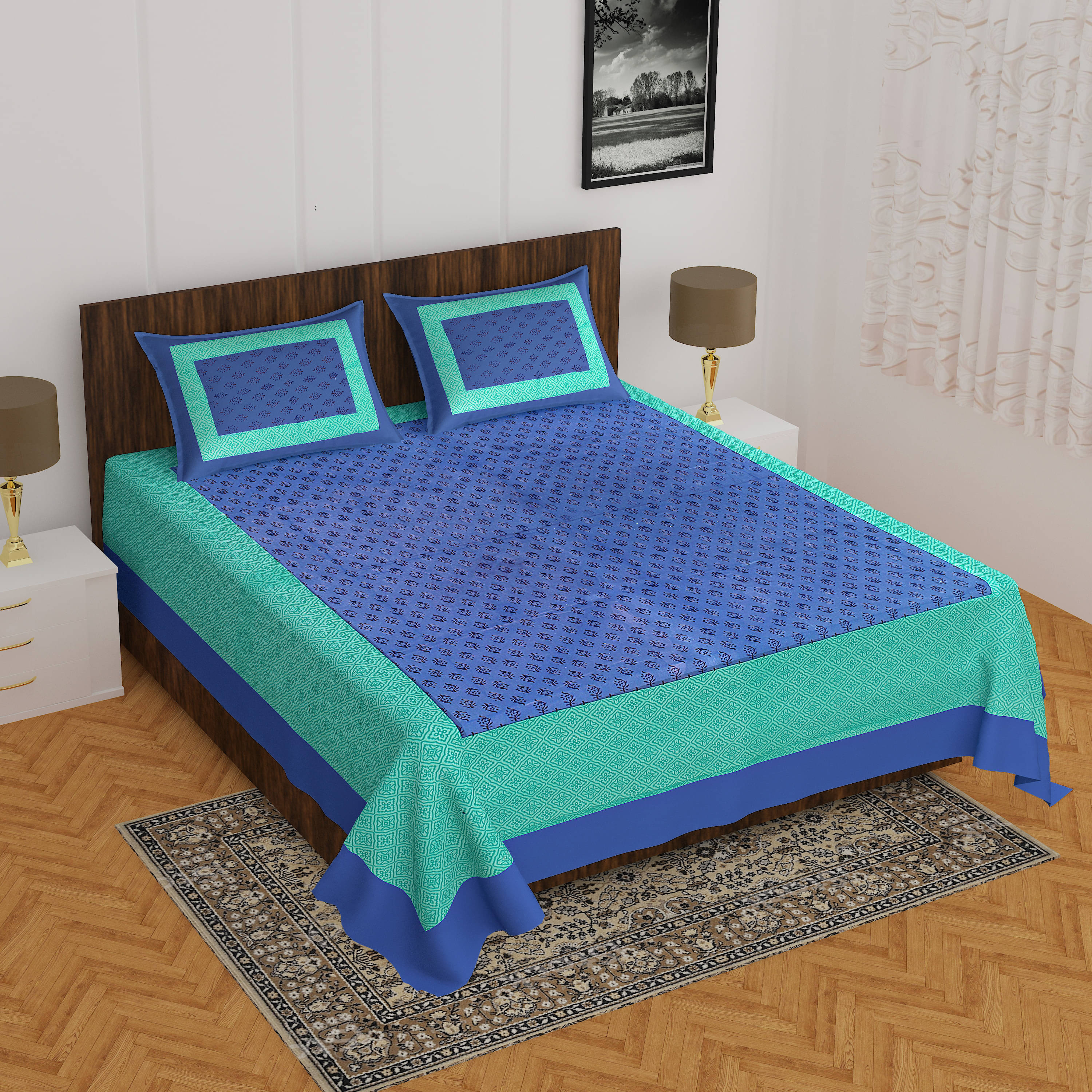     			Navkaar Creation Cotton 1 Double Bedsheet with 2 Pillow Covers ( Blue )