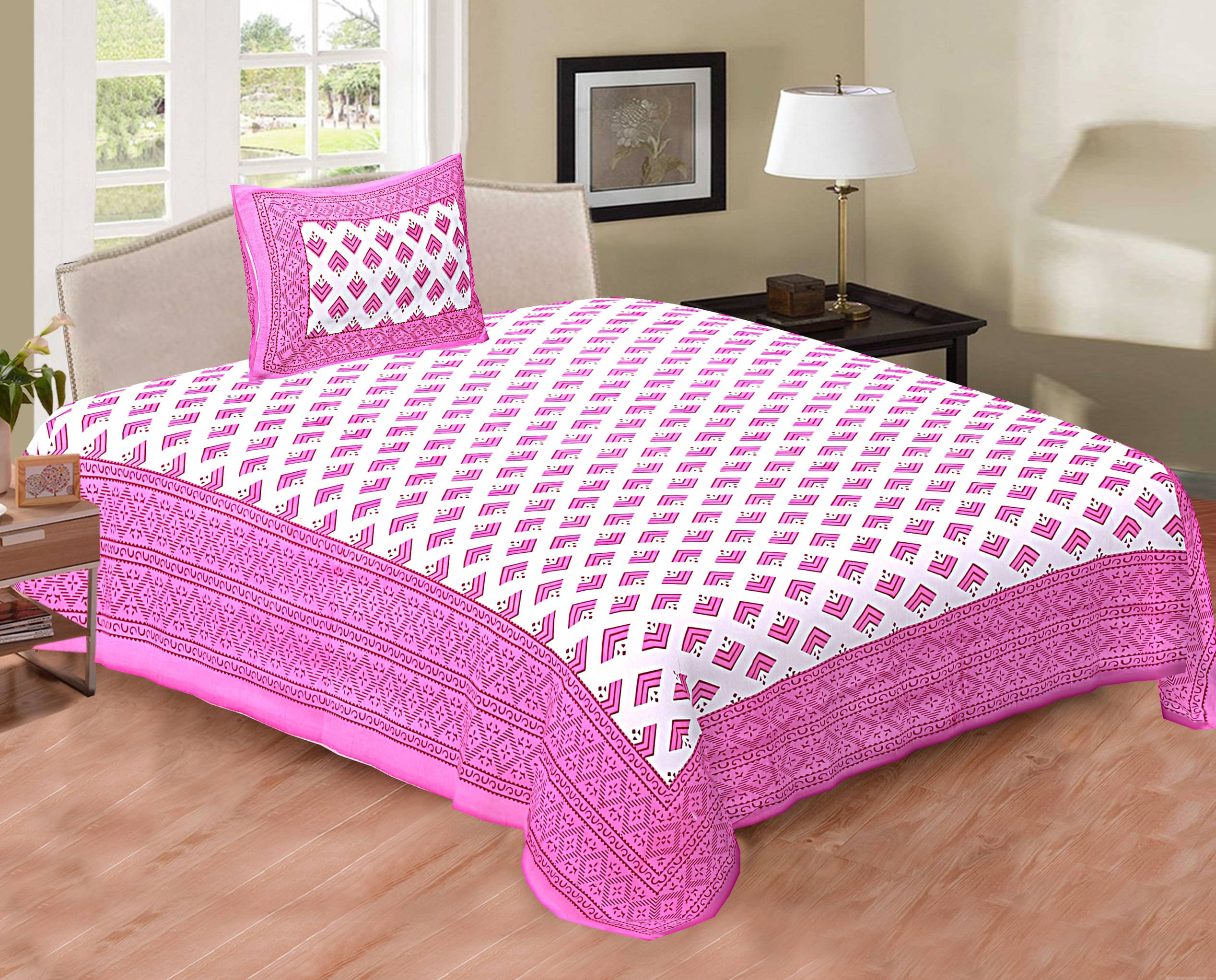 Navkaar Creation Cotton 1 Single Bedsheet with 2 Pillow Covers ( Pink ) Navkaar Creation Cotton 1 Single Bedsheet with 2 Pillow Covers ( Pink )