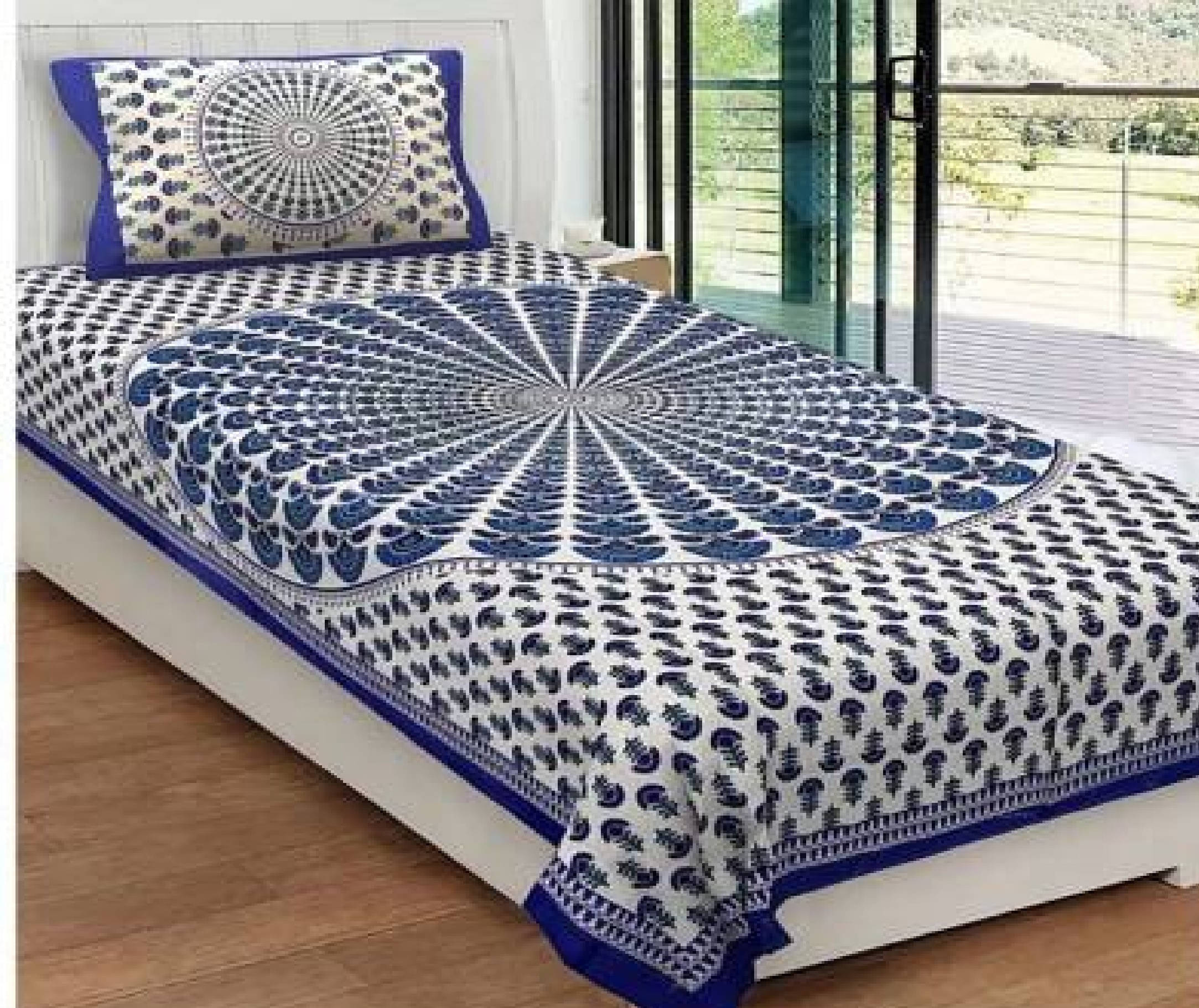     			Navkaar Creation Cotton 1 Single Bedsheet with 2 Pillow Covers ( Blue )