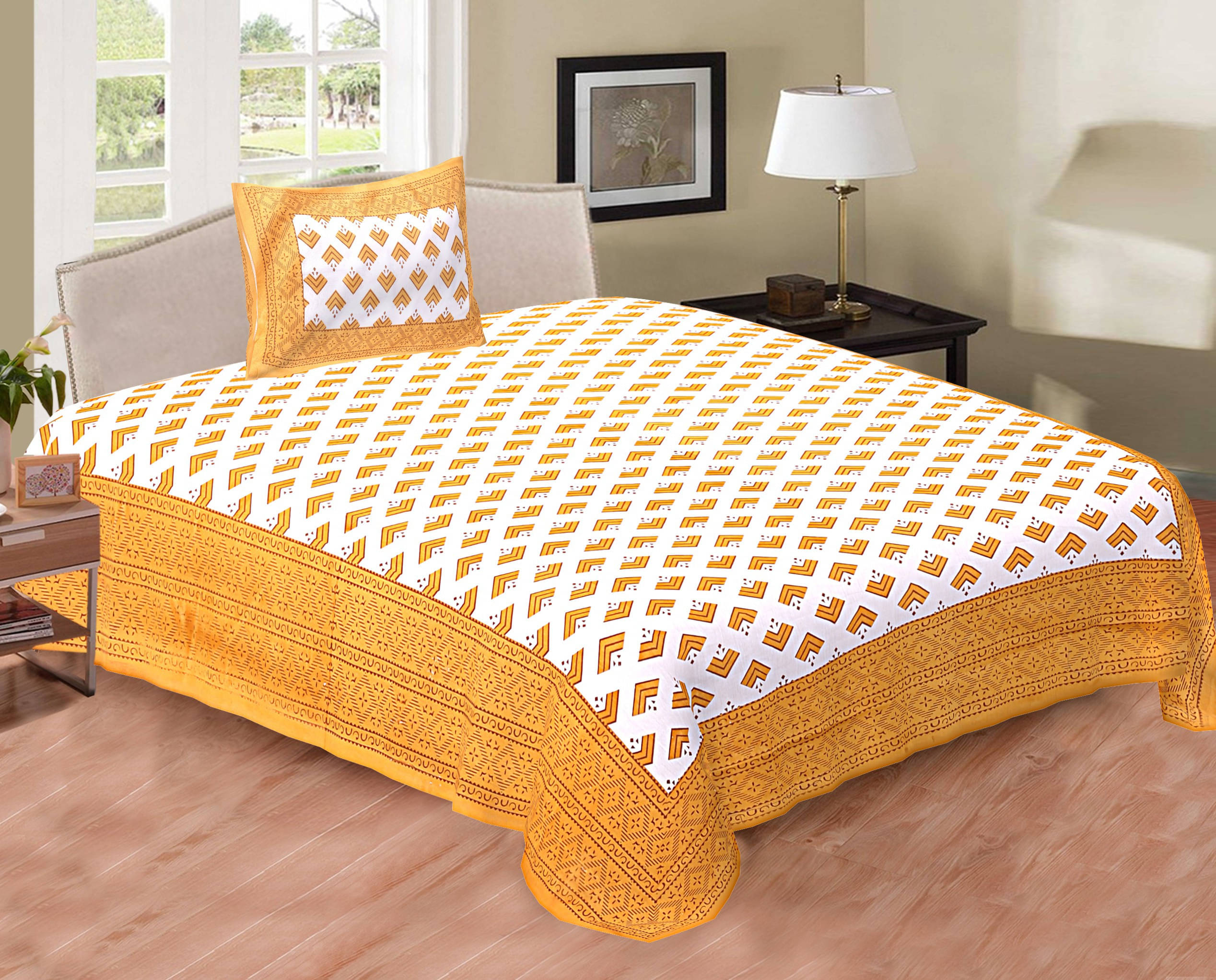 Navkaar Creation Cotton 1 Single Bedsheet with 2 Pillow Covers ( Yellow ) Navkaar Creation Cotton 1 Single Bedsheet with 2 Pillow Covers ( Yellow )