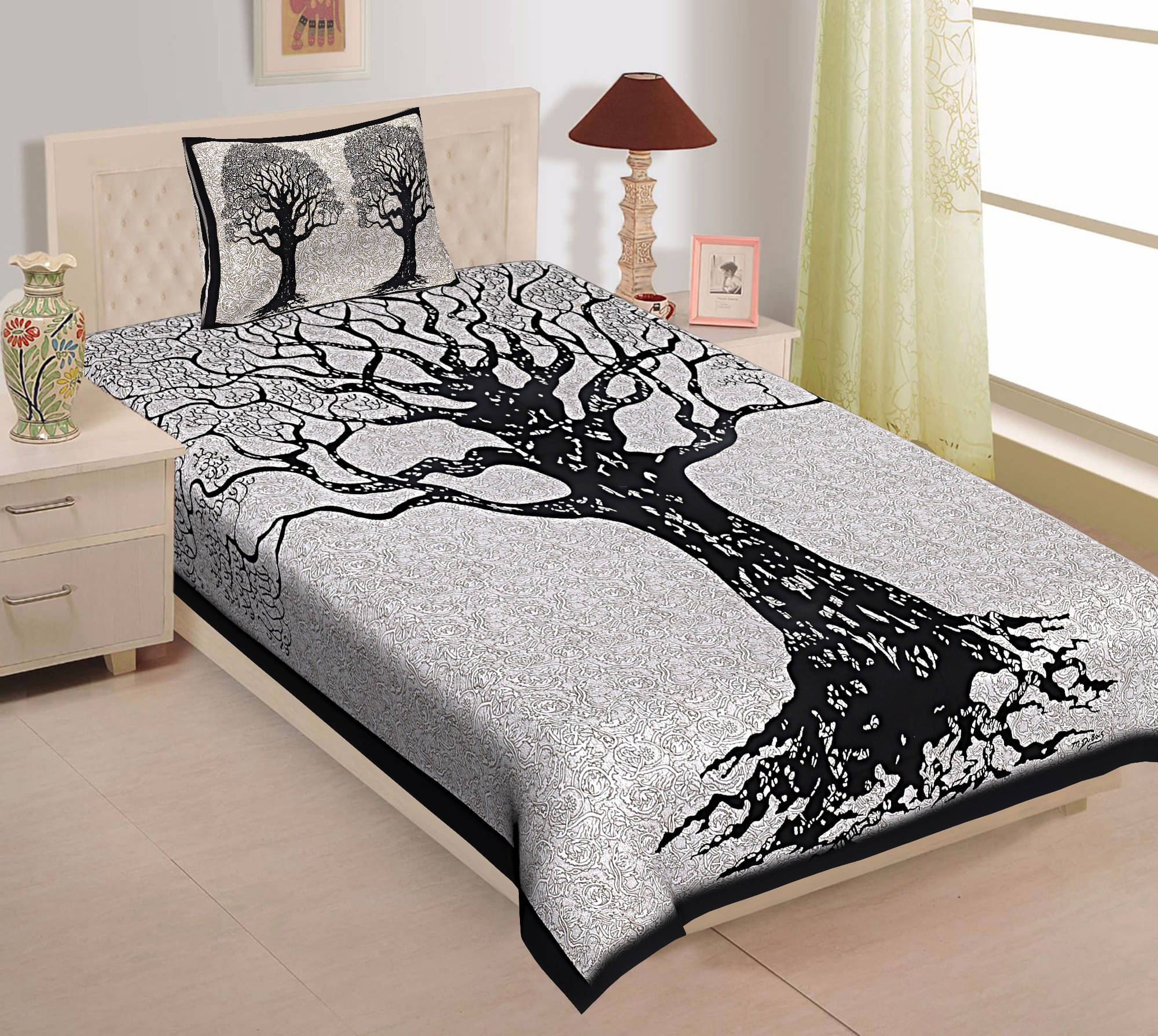     			Navkaar Creation Cotton 1 Single Bedsheet with 2 Pillow Covers ( Black )