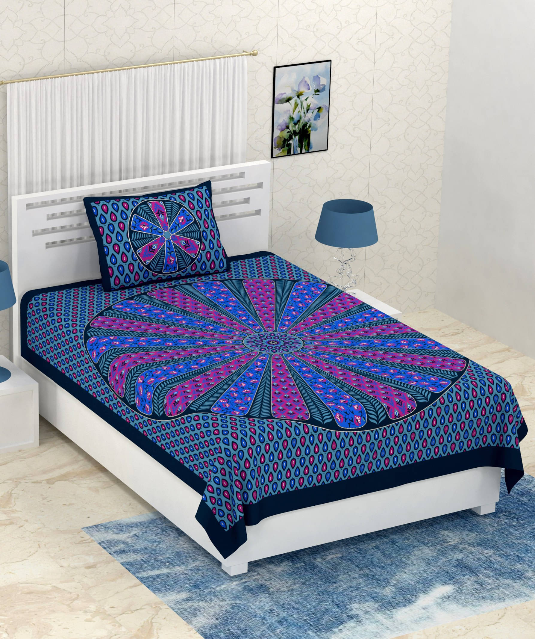 Navkaar Creation Cotton 1 Single Bedsheet with 2 Pillow Covers ( Blue ) Navkaar Creation Cotton 1 Single Bedsheet with 2 Pillow Covers ( Blue )