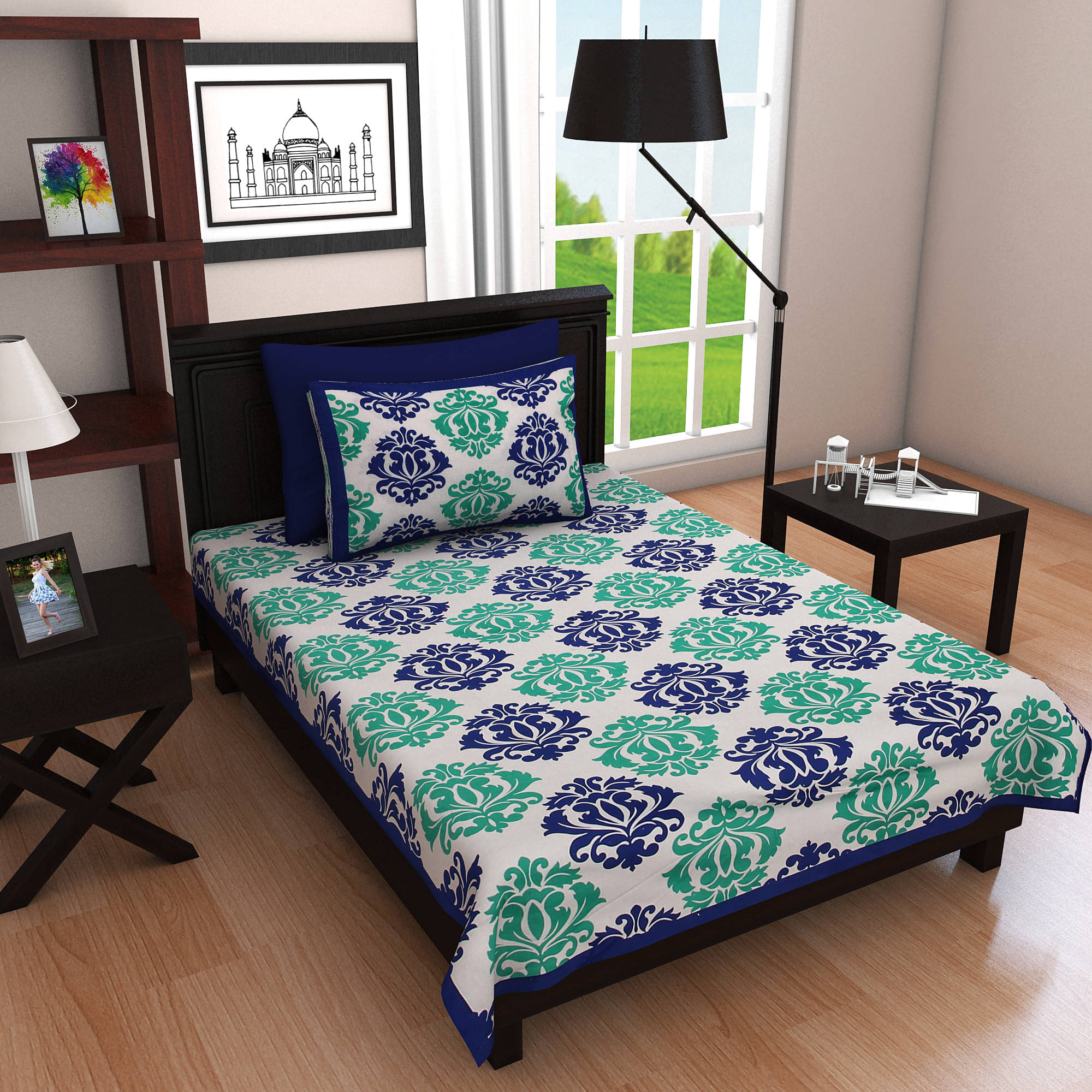     			Navkaar Creation Cotton 1 Single Bedsheet with 2 Pillow Covers ( Blue )