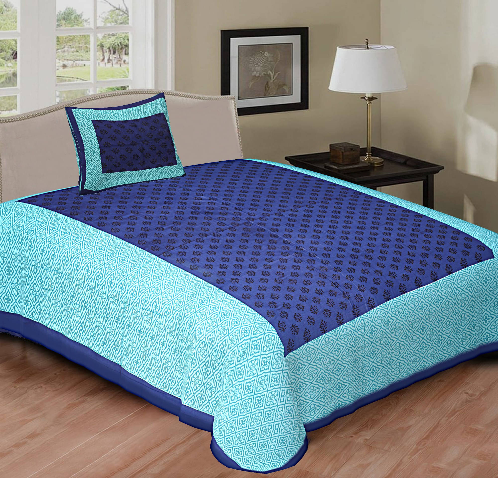 Navkaar Creation Cotton 1 Single Bedsheet with 2 Pillow Covers ( Blue ) Navkaar Creation Cotton 1 Single Bedsheet with 2 Pillow Covers ( Blue )
