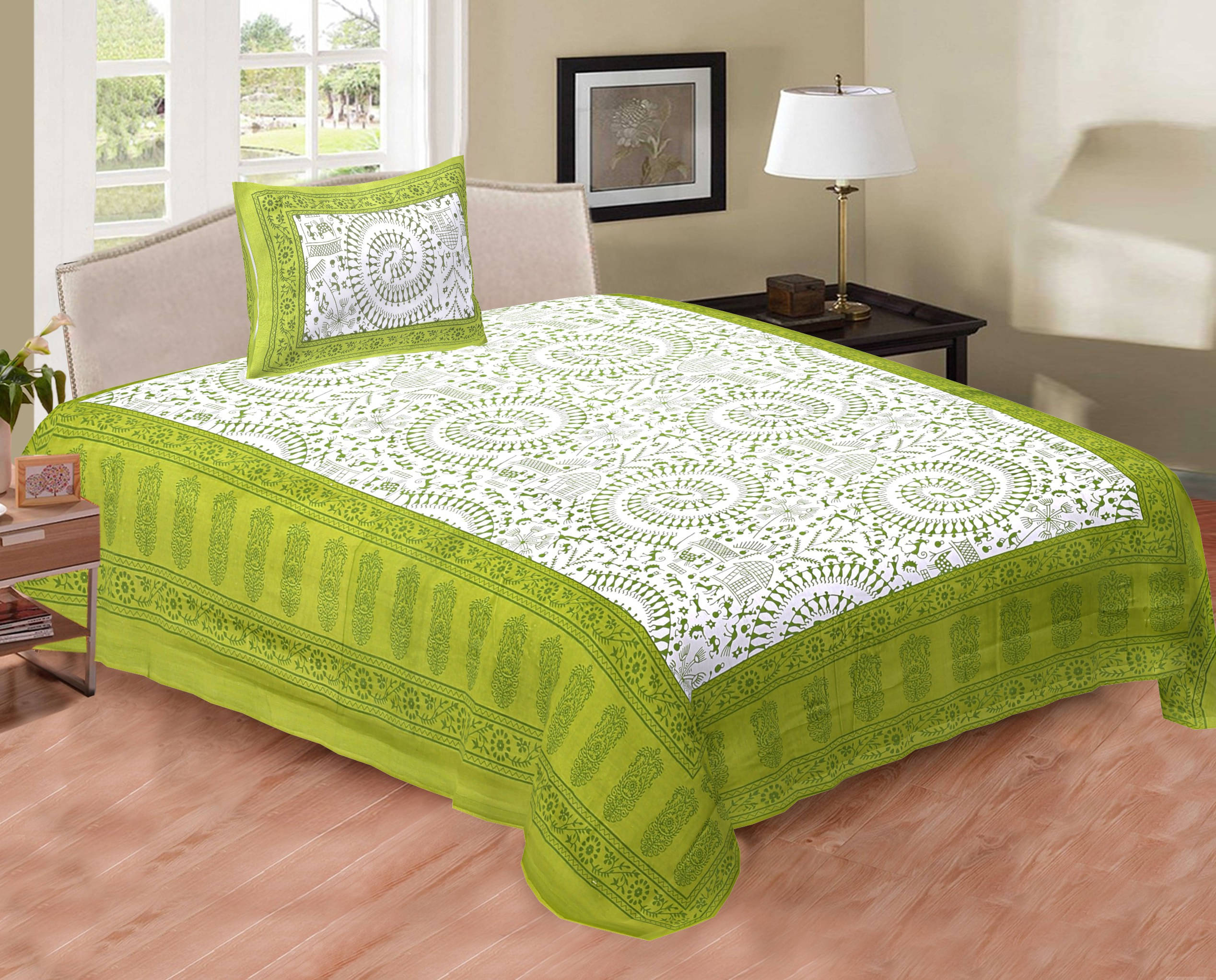 Navkaar Creation Cotton 1 Single Bedsheet with 2 Pillow Covers ( Green ) Navkaar Creation Cotton 1 Single Bedsheet with 2 Pillow Covers ( Green )