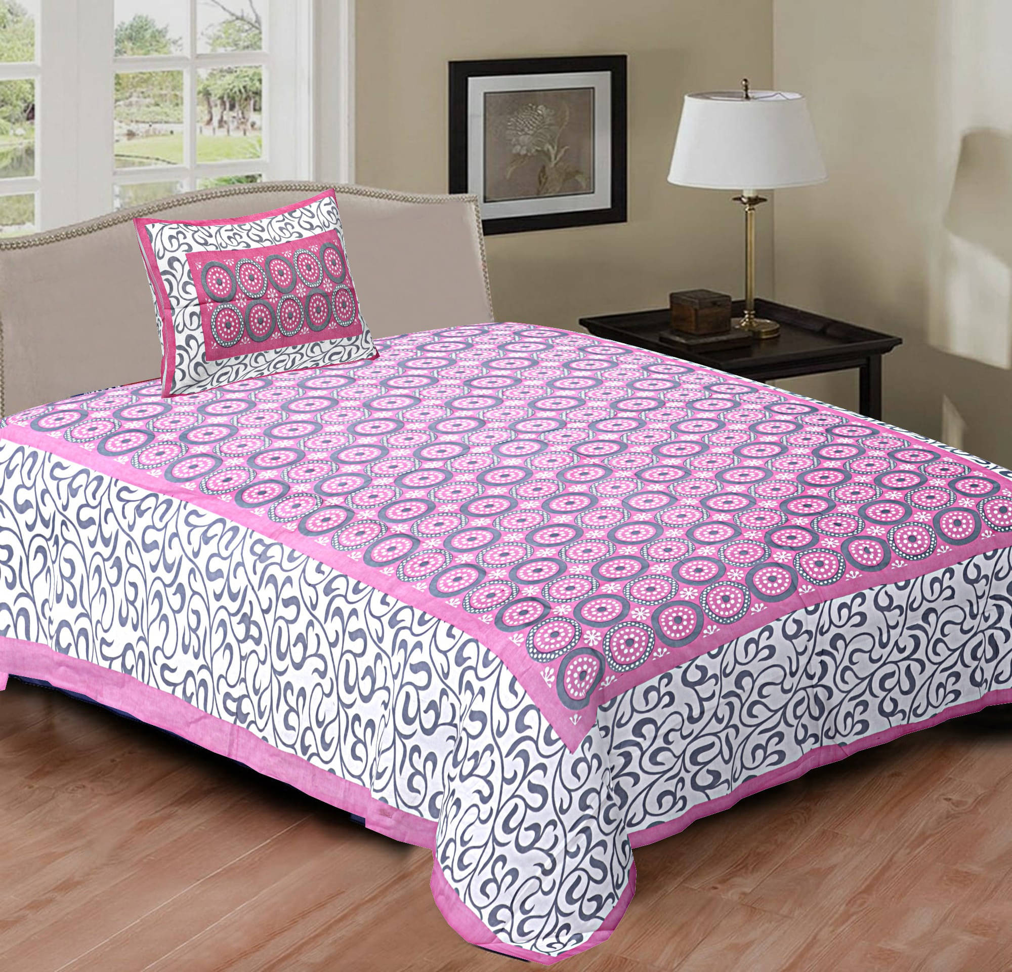 Navkaar Creation Cotton 1 Single Bedsheet with 2 Pillow Covers ( Pink ) Navkaar Creation Cotton 1 Single Bedsheet with 2 Pillow Covers ( Pink )
