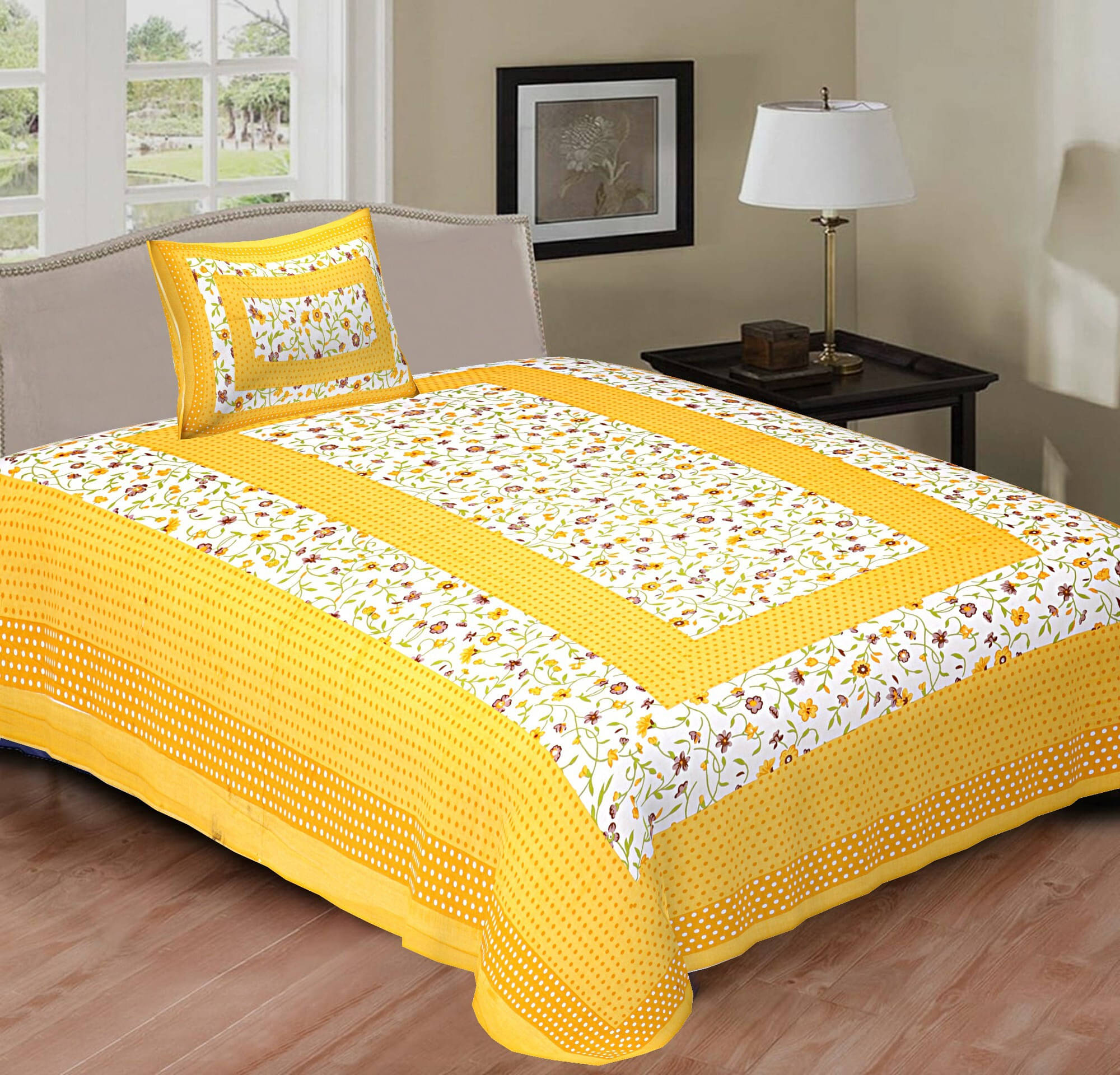 Navkaar Creation Cotton 1 Single Bedsheet with 2 Pillow Covers ( Yellow ) Navkaar Creation Cotton 1 Single Bedsheet with 2 Pillow Covers ( Yellow )