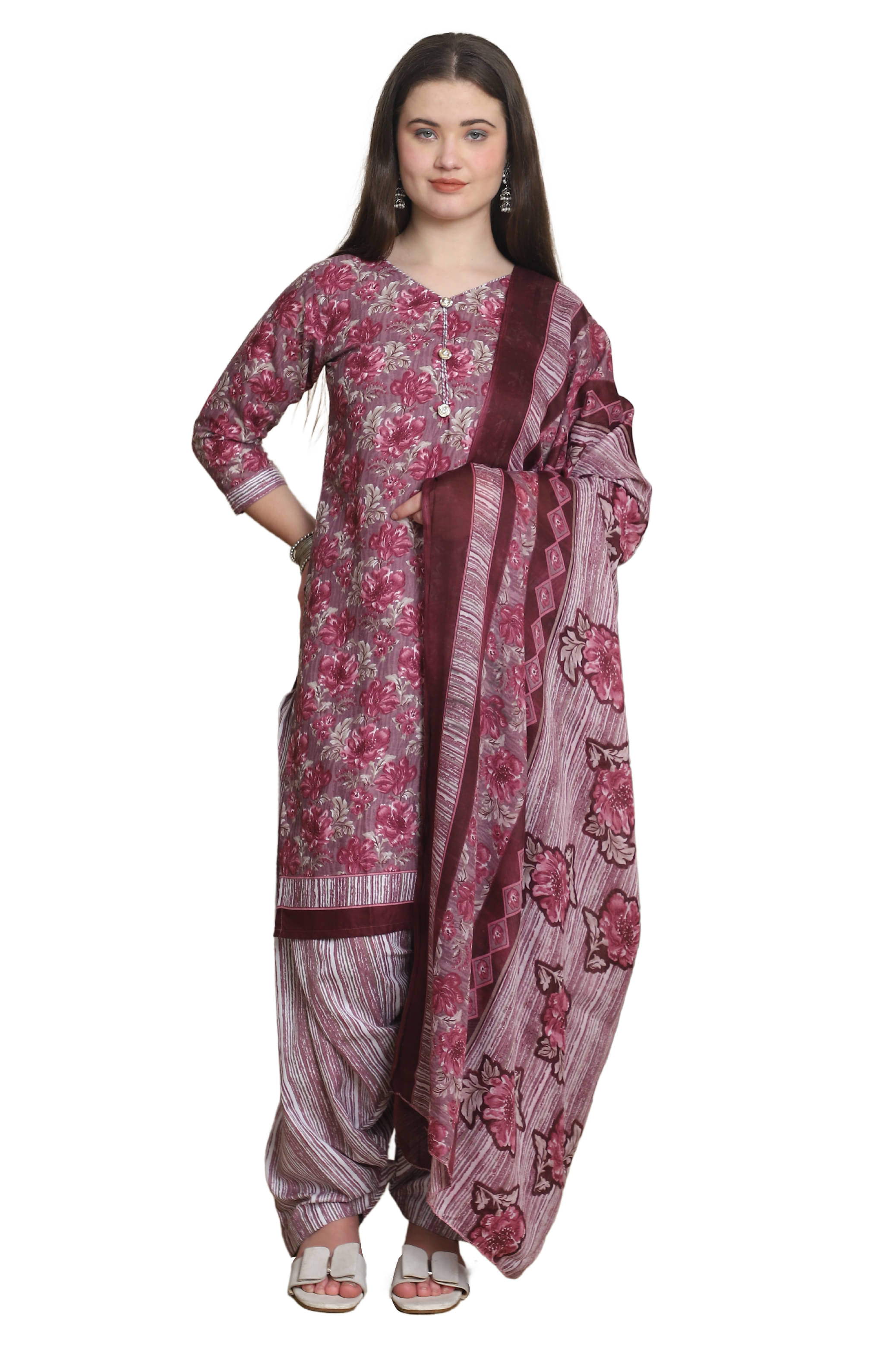 Rajnandini Women Cotton Blend Printed Straight Kurti With Patiala Salwar ( Wine )     			Rajnandini Women Cotton Blend Printed Straight Kurti With Patiala Salwar ( Wine )