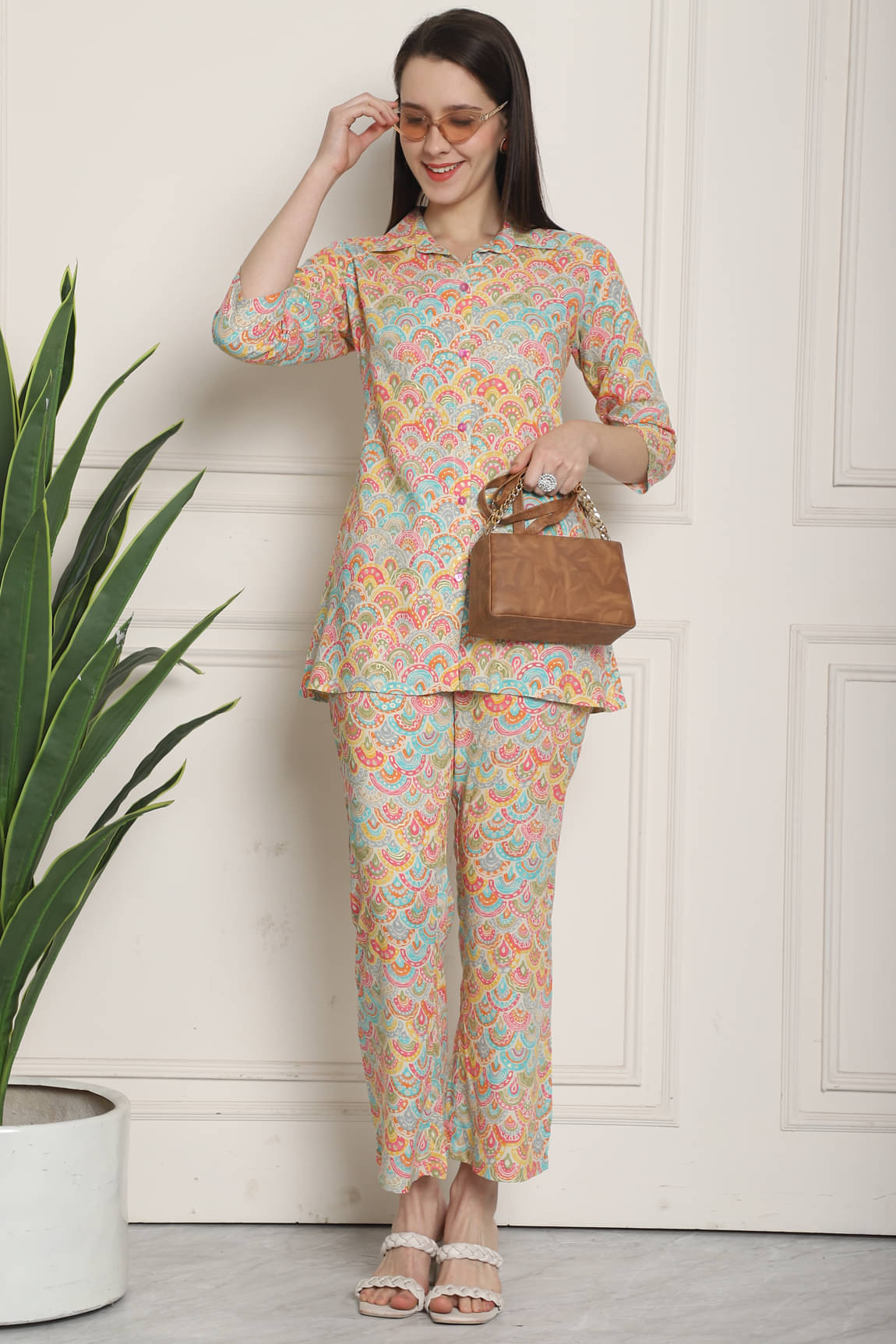 Rajnandini Women Printed Tunic With Trousers Co-Ord Set ( Multi Color ) Rajnandini Women Printed Tunic With Trousers Co-Ord Set ( Multi Color )