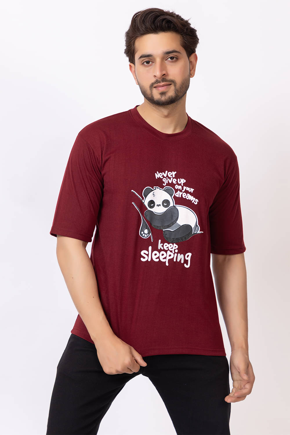 SHREYNKA Men Cotton Oversized Fit Printed T-Shirt ( Maroon ) SHREYNKA Men Cotton Oversized Fit Printed T-Shirt ( Maroon )