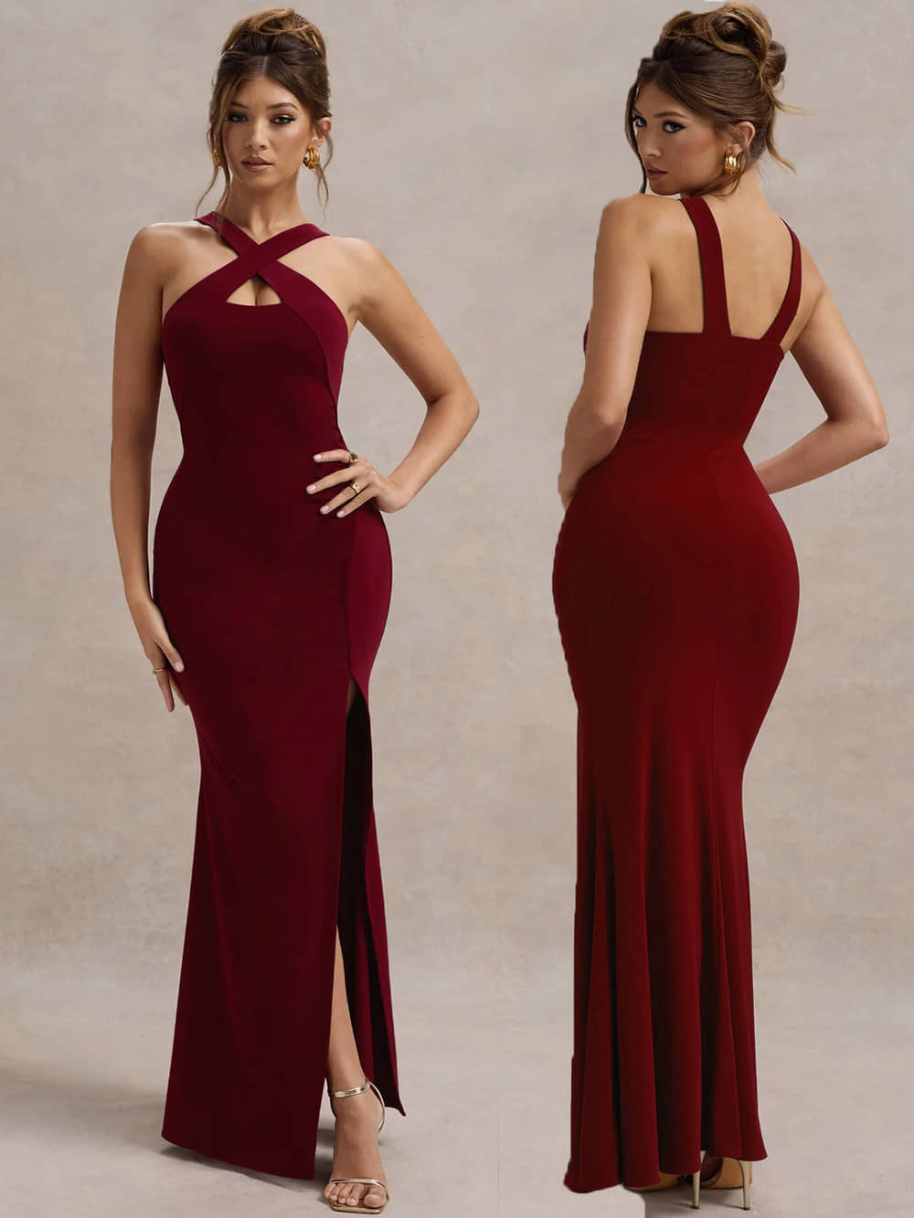 clafoutis Women's Elastane Solid Side Slit Dress ( Red )