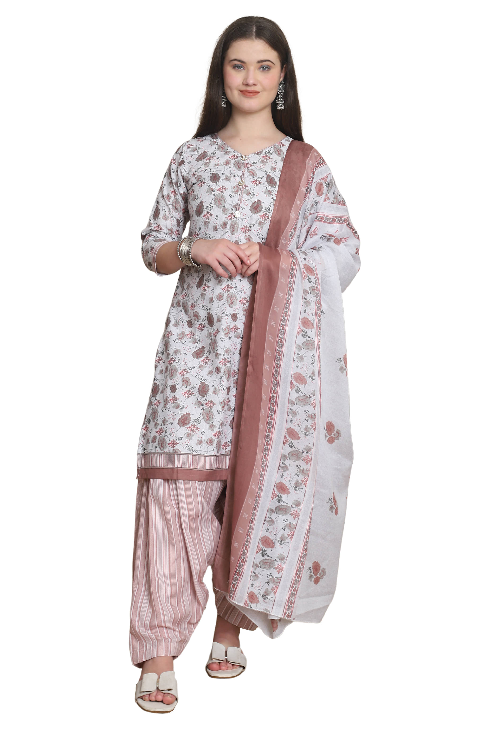 wonder weave Women Cotton Blend Printed Straight Kurti With Patiala Salwar ( White )