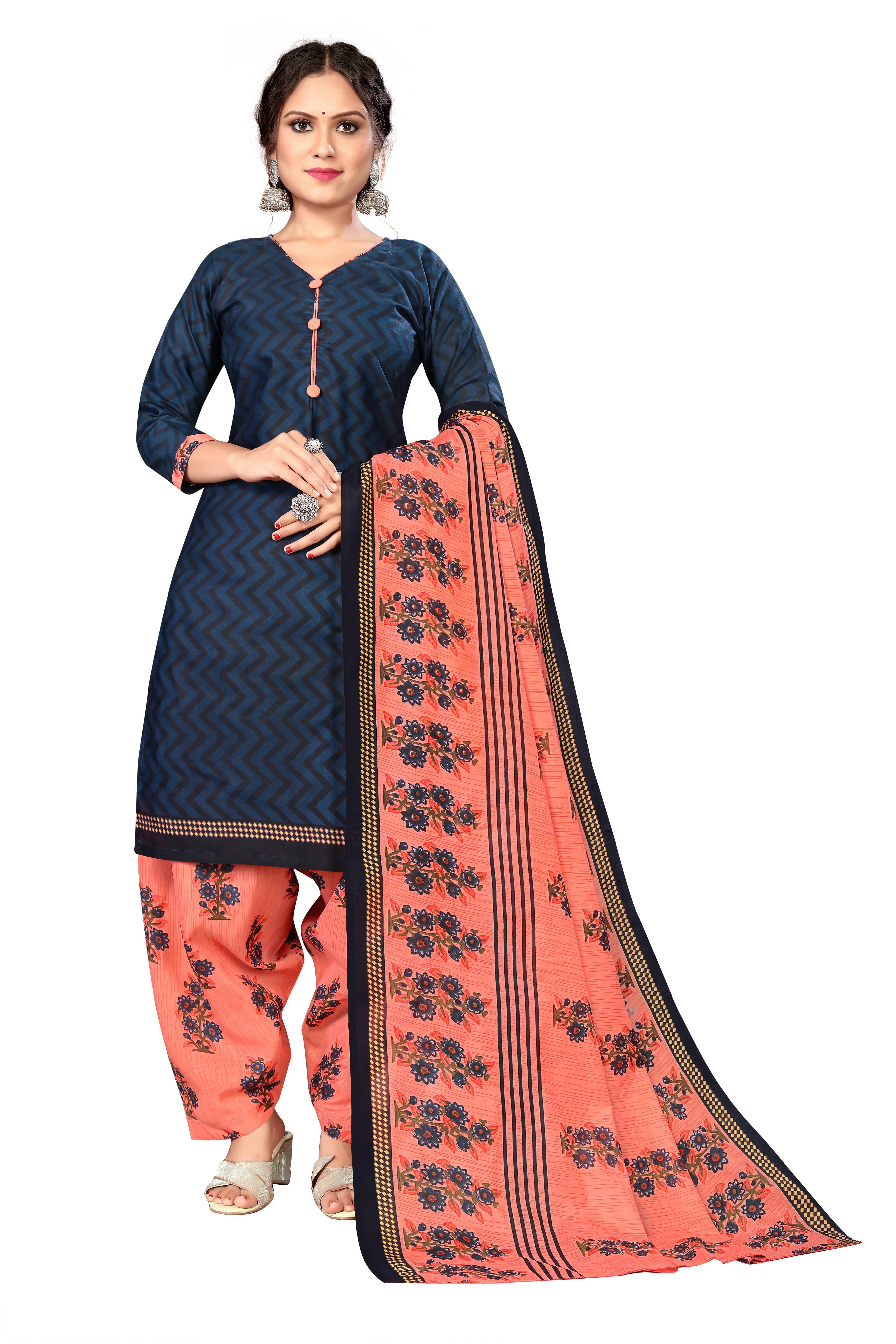     			wonder weave Women Cotton Blend Printed Straight Kurti With Patiala Salwar ( Blue )