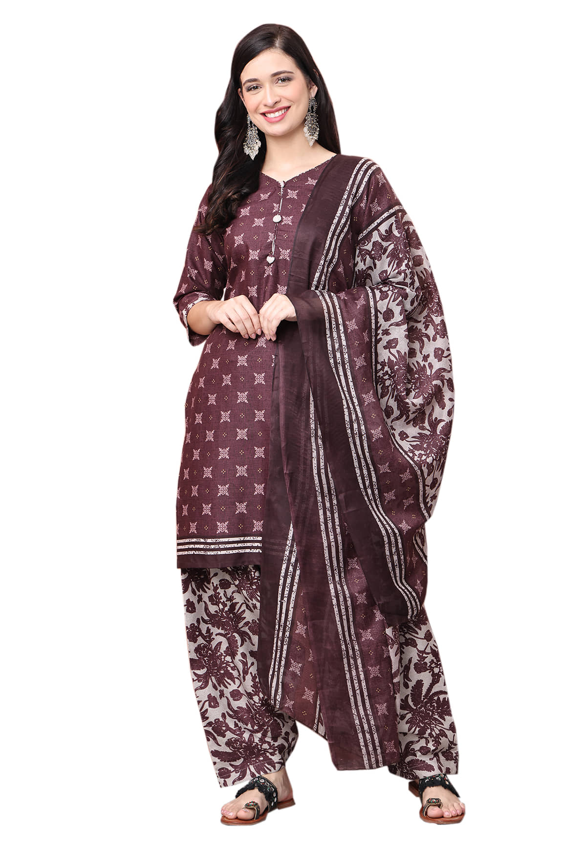 wonder weave Women Cotton Blend Printed Straight Kurti With Patiala Salwar ( Wine )