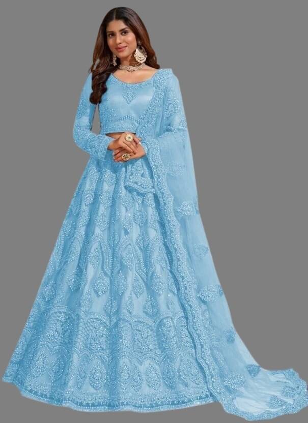 Apnisha Turquoise Net Unstitched Semi Stitched Lehenga Single Apnisha Turquoise Net Unstitched Semi Stitched Lehenga Single