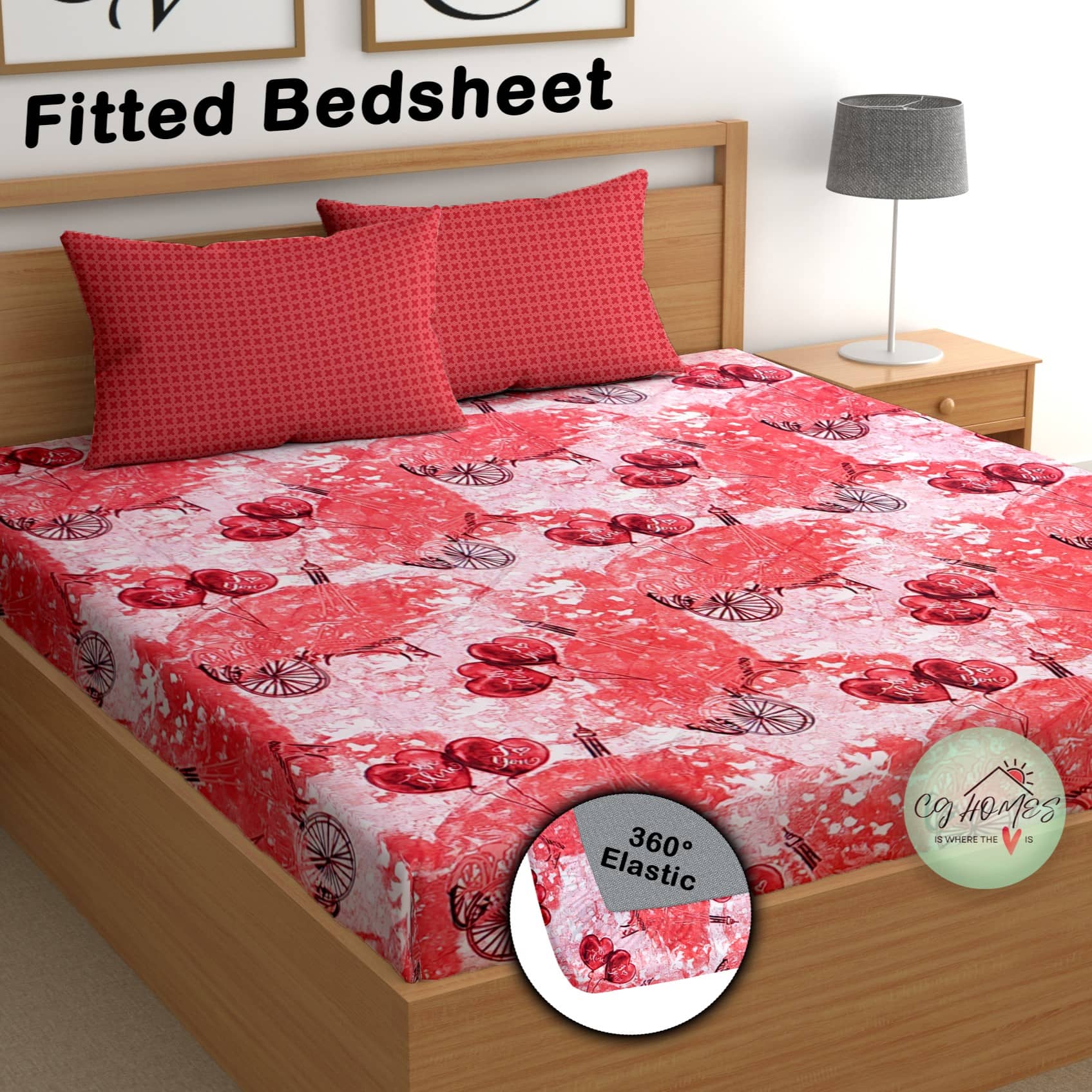 CG HOMES Cotton Abstract Fitted Fitted bedsheet with 2 Pillow Covers ( Double Bed ) - Pink