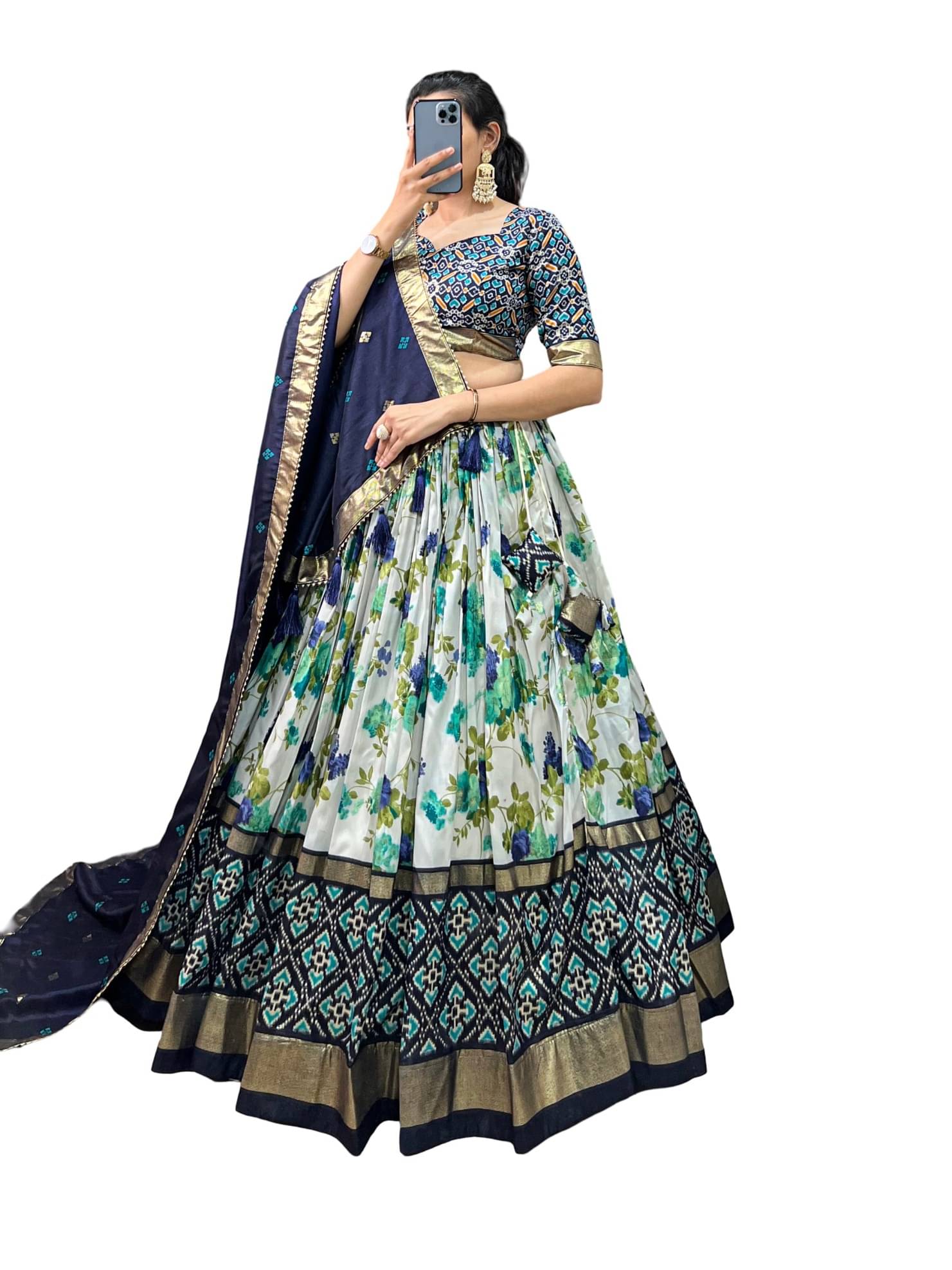 CYNOR Navy Tussar Silk Chaniya Choli Semi Stitched Lehenga Single CYNOR Navy Tussar Silk Chaniya Choli Semi Stitched Lehenga Single