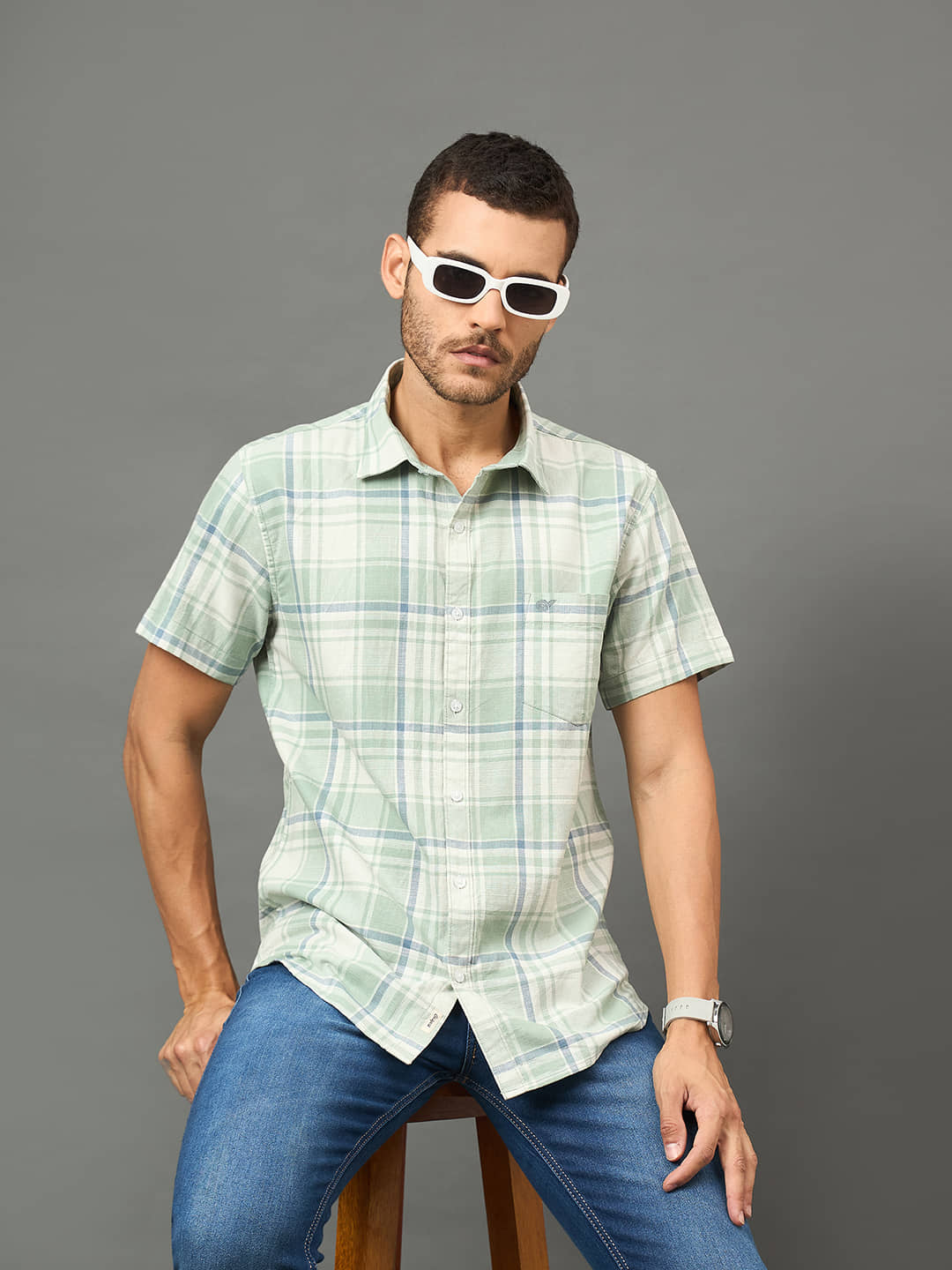 Club York Cotton Blend Slim Fit Checks Half Sleeves Men's Casual Shirt - Green ( Pack of 1 )