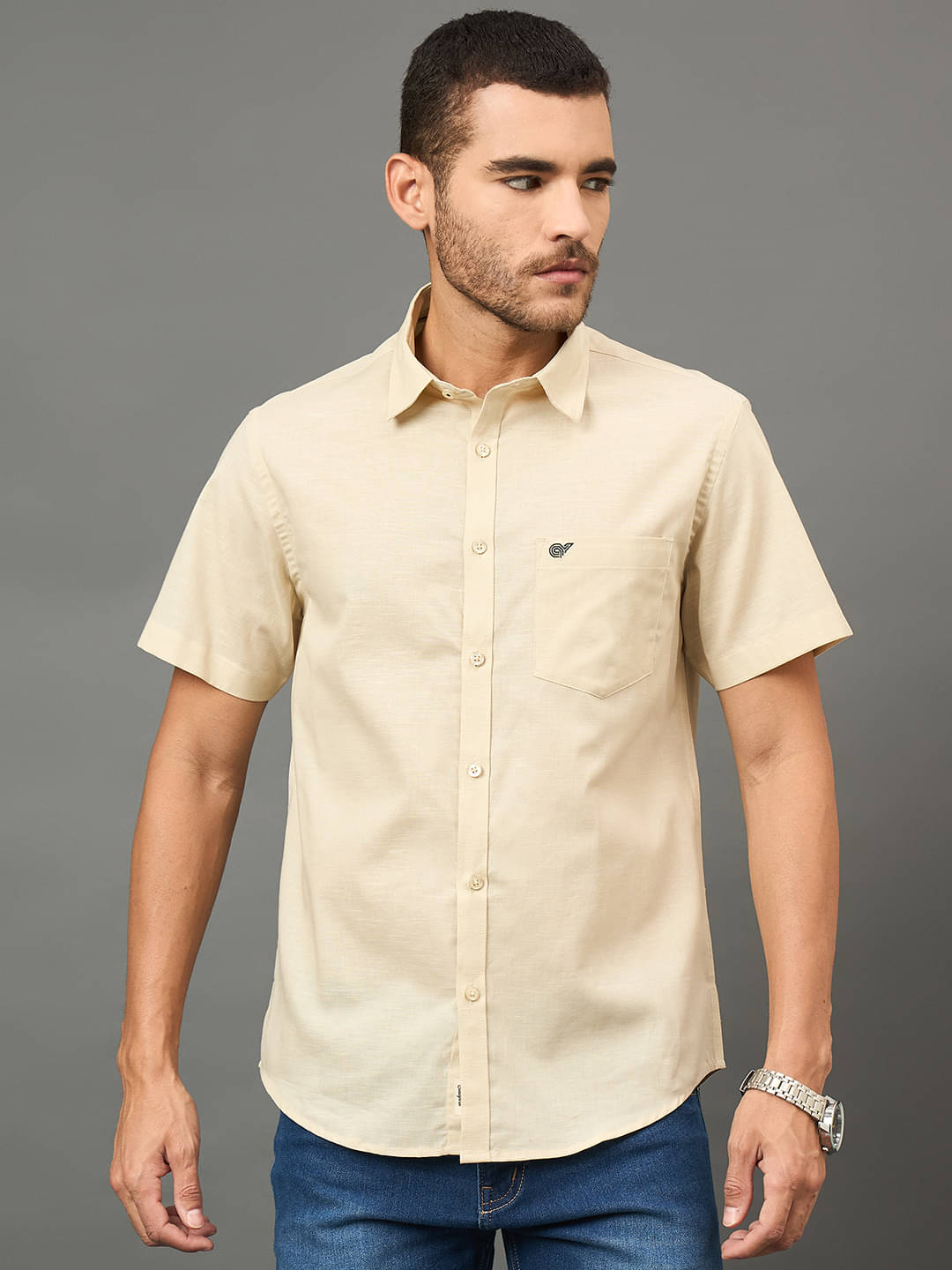     			Club York Cotton Blend Slim Fit Solids Half Sleeves Men's Casual Shirt - Beige ( Pack of 1 )