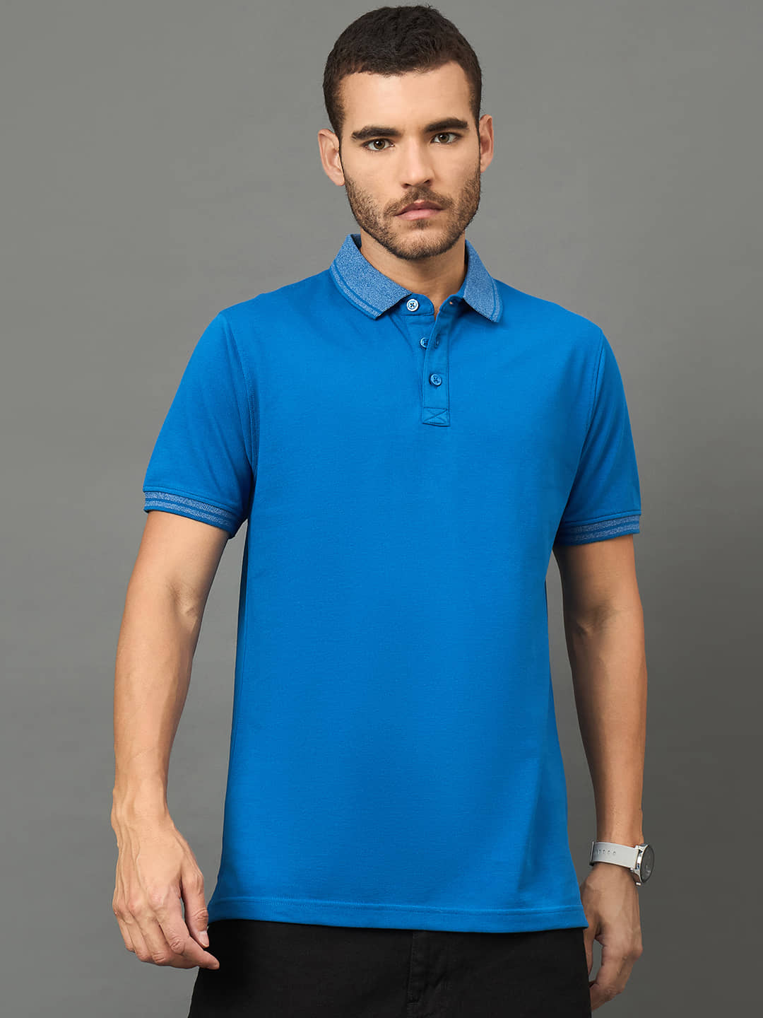 Club York Men Cotton Blend Regular Fit Solid Polo T Shirt ( Blue )