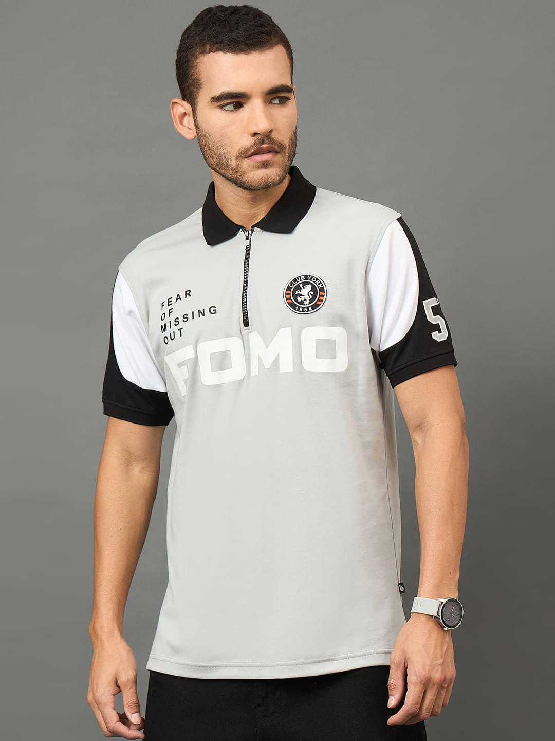     			Club York Men Cotton Blend Regular Fit Printed Polo T Shirt ( Grey )