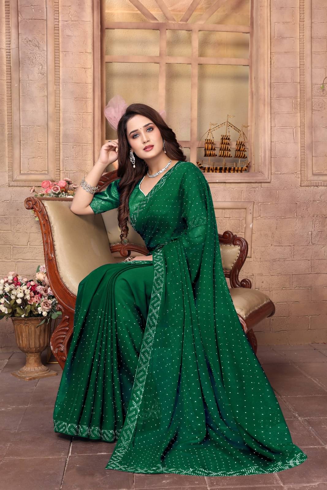     			DEBRIS FAB Georgette Embellished Saree With Unstitched Blouse Piece ( Green )