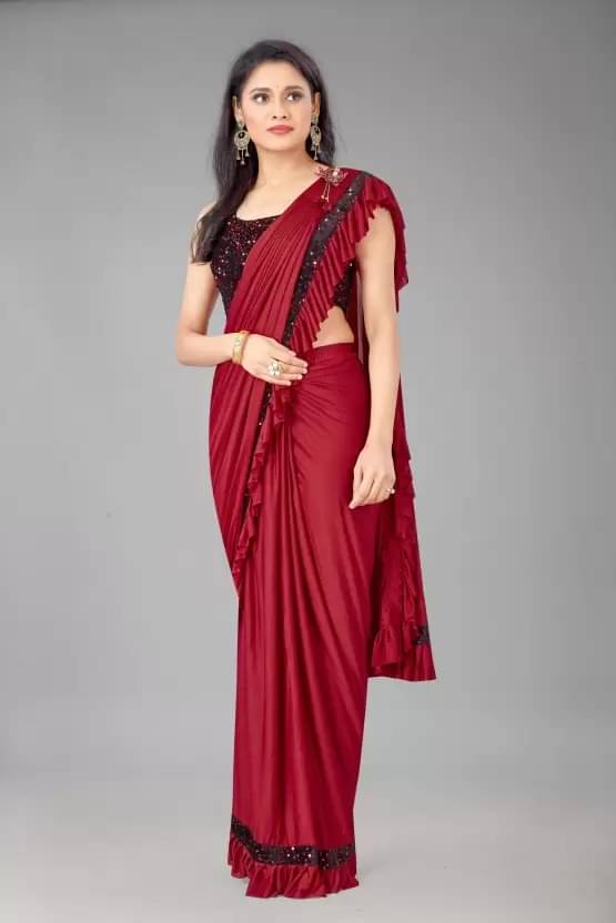     			Fashion Field Lycra Self Design Saree With Unstitched Blouse Piece ( Maroon )