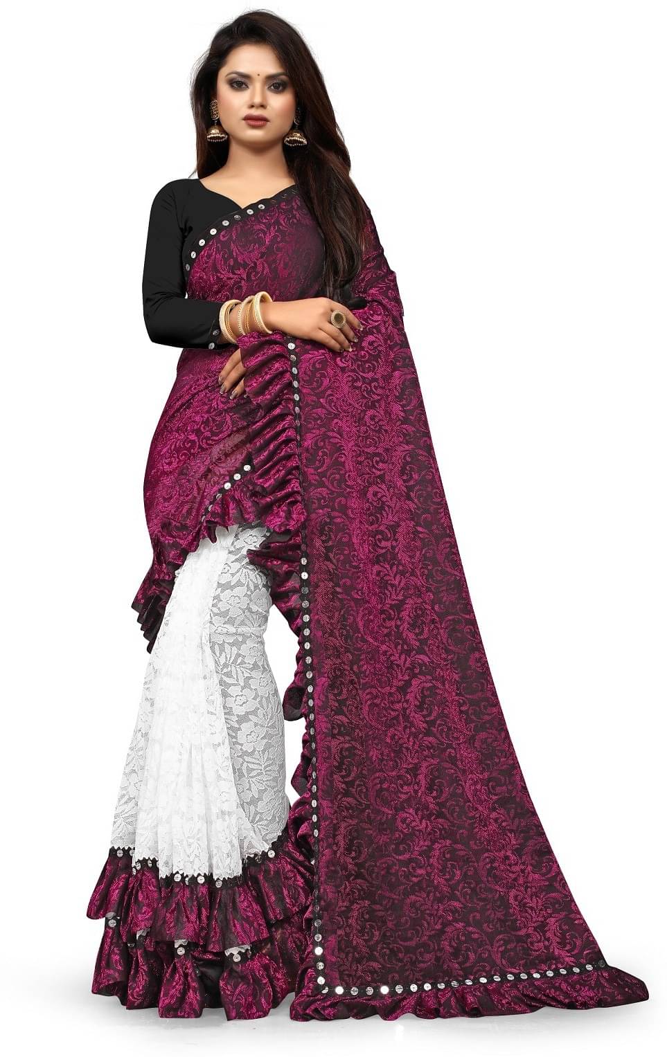 Fashion Field Lycra Self Design Saree With Unstitched Blouse Piece ( Wine )     			Fashion Field Lycra Self Design Saree With Unstitched Blouse Piece ( Wine )