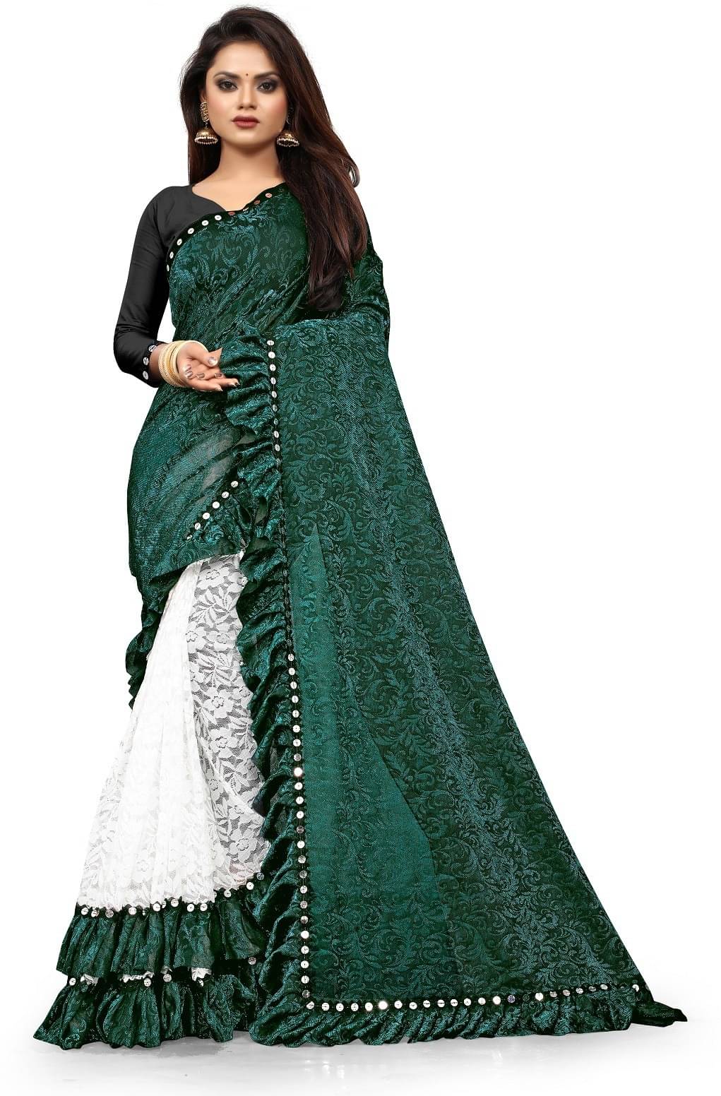     			Fashion Field Lycra Self Design Saree With Unstitched Blouse Piece ( Green )