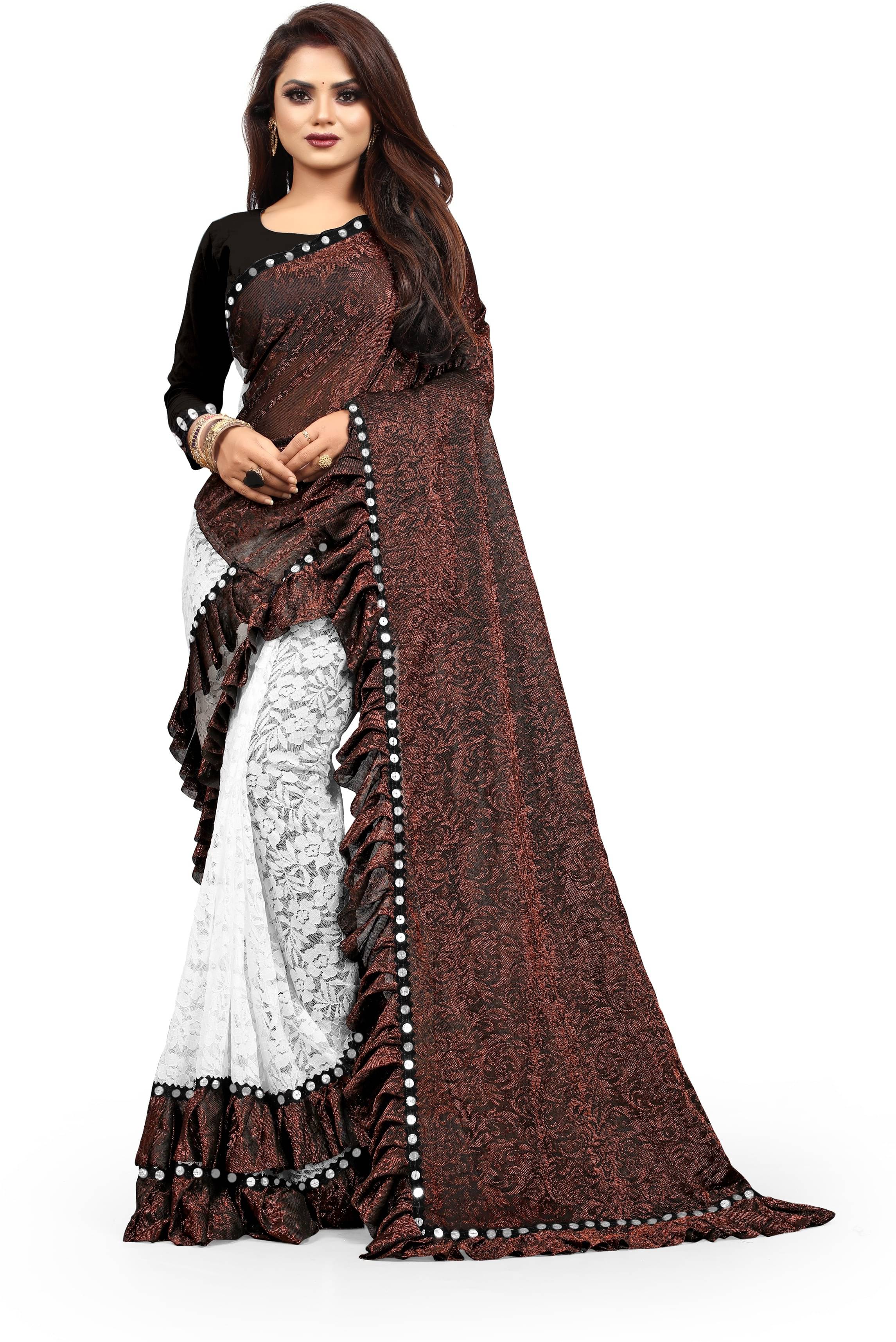Fashion Field Lycra Self Design Saree With Unstitched Blouse Piece ( Brown ) Fashion Field Lycra Self Design Saree With Unstitched Blouse Piece ( Brown )