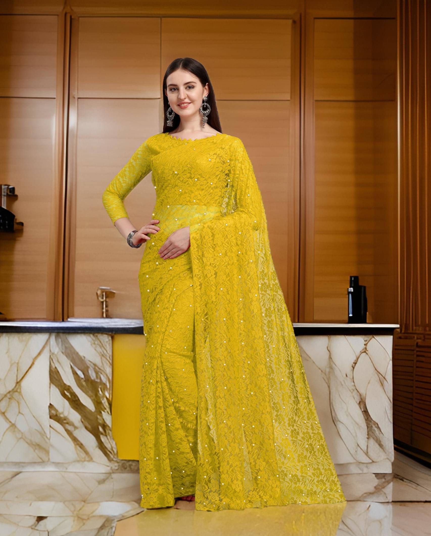 Fashion Field Net Self Design Saree With Unstitched Blouse Piece ( Yellow ) Fashion Field Net Self Design Saree With Unstitched Blouse Piece ( Yellow )